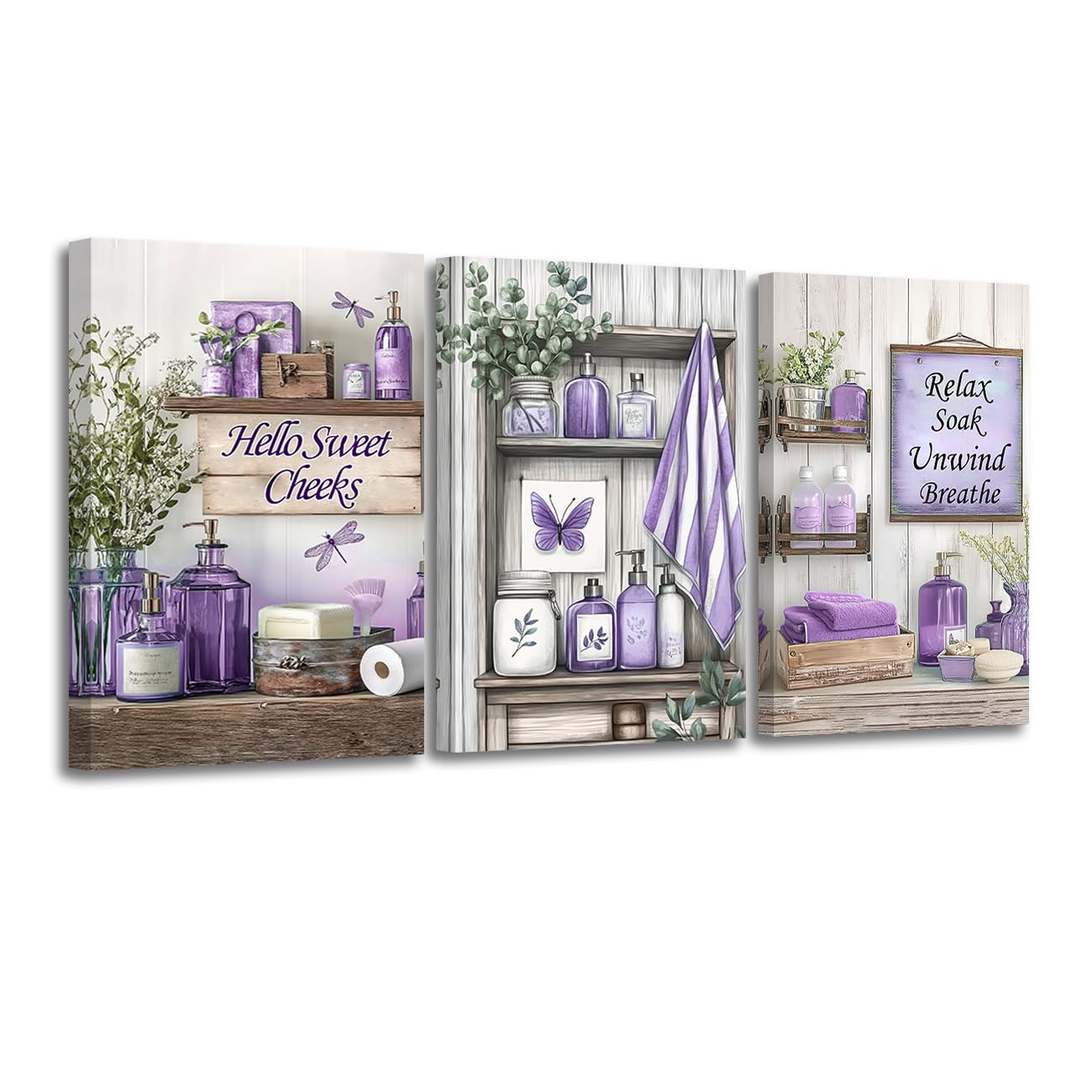 CXHOSTENT 3Pcs Purple Bathroom Wall Art Decor Rustic Bathroom Picture Quotes Sign Canvas Prints Farmhouse Toilet Paintings for Washroom Decor Framed (Purple, 16x24inchx3 Pieces)
