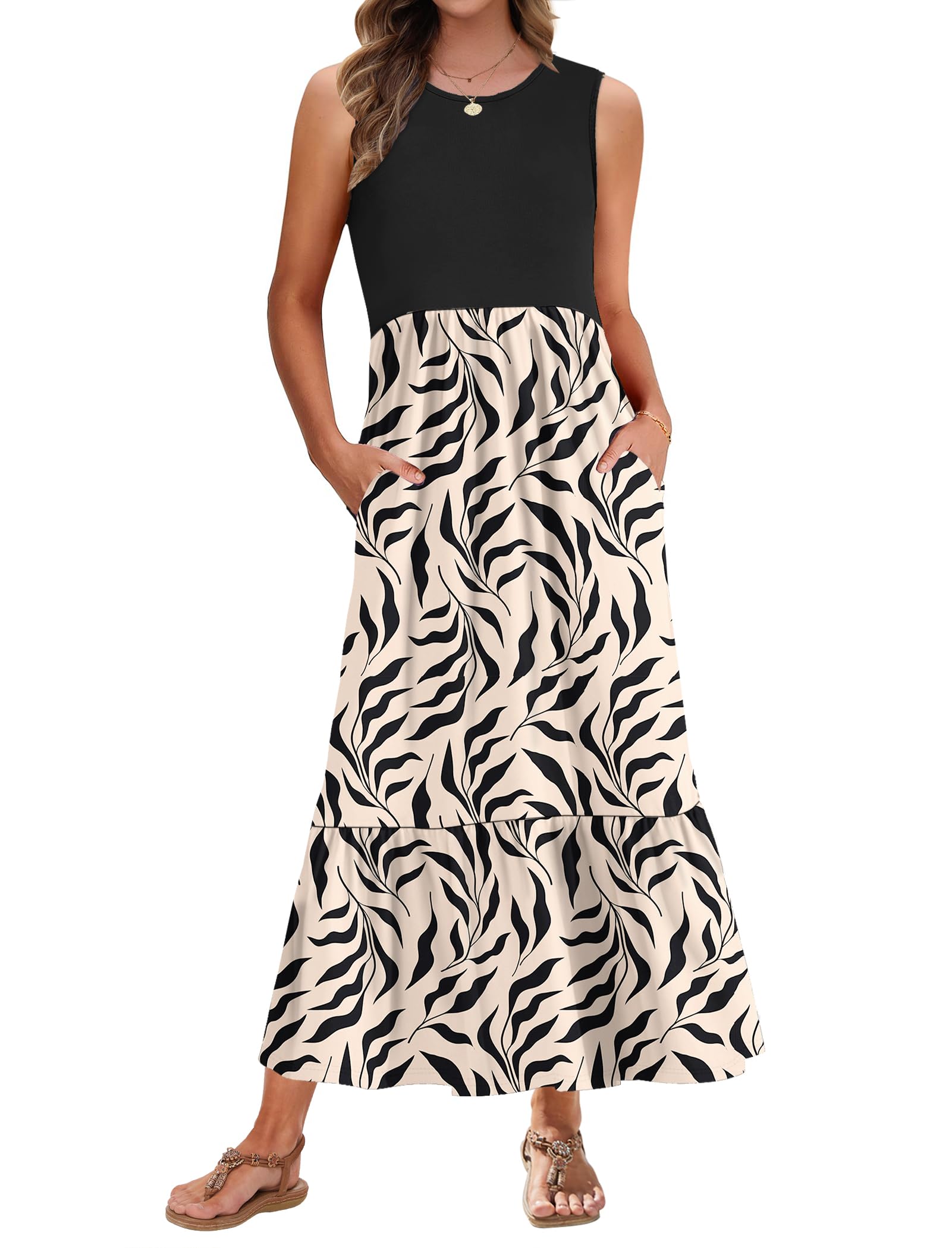PLMOKEN Sommerkleider Damen Strandkleid Maxikleid - Lang Freizeitkleid Ärmellos leicht und luftig Leicht und Luftig Rundhals Geblümtes Tank Top Kleid