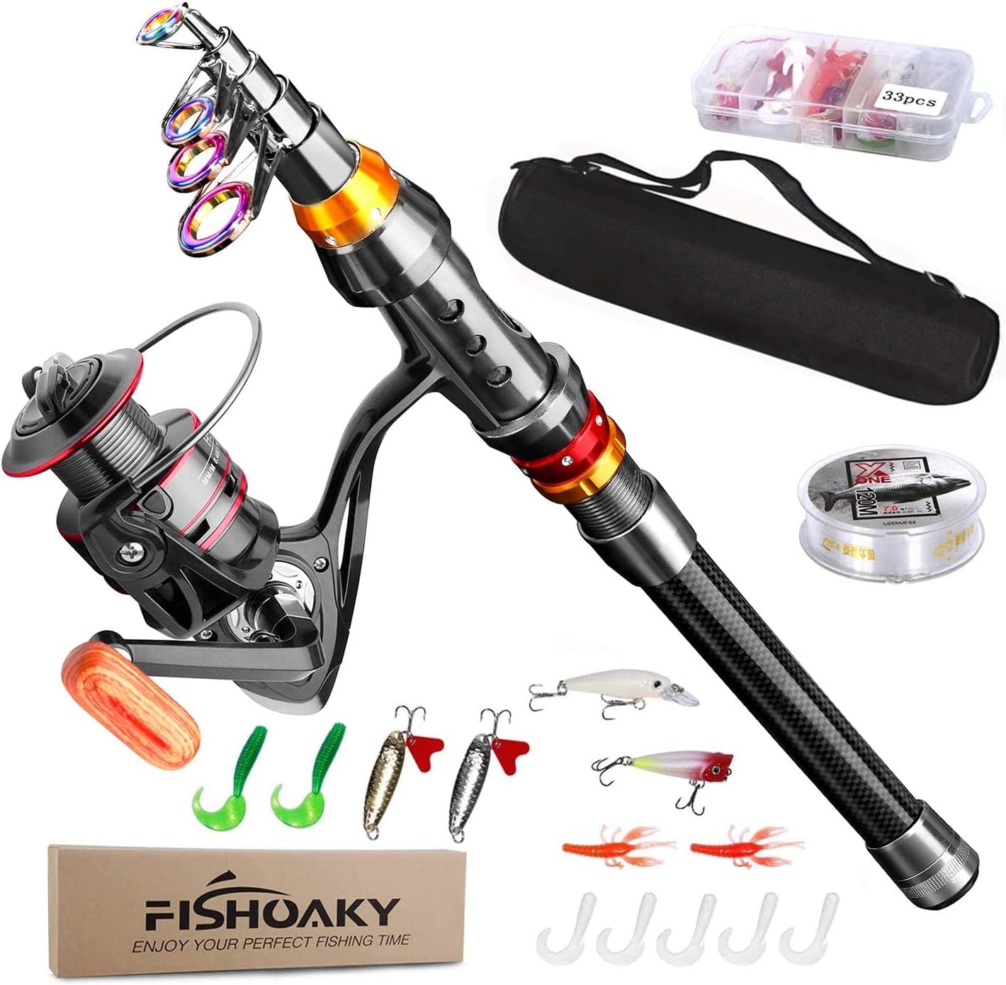 Fishing Rod kit, Carbon Fiber Telescopic Fishing Pole and Reel Combo with Line Lures Tackle Hooks Reel Carrier Bag Fishing Rod Set for Adults Travel Saltwater Freshwater