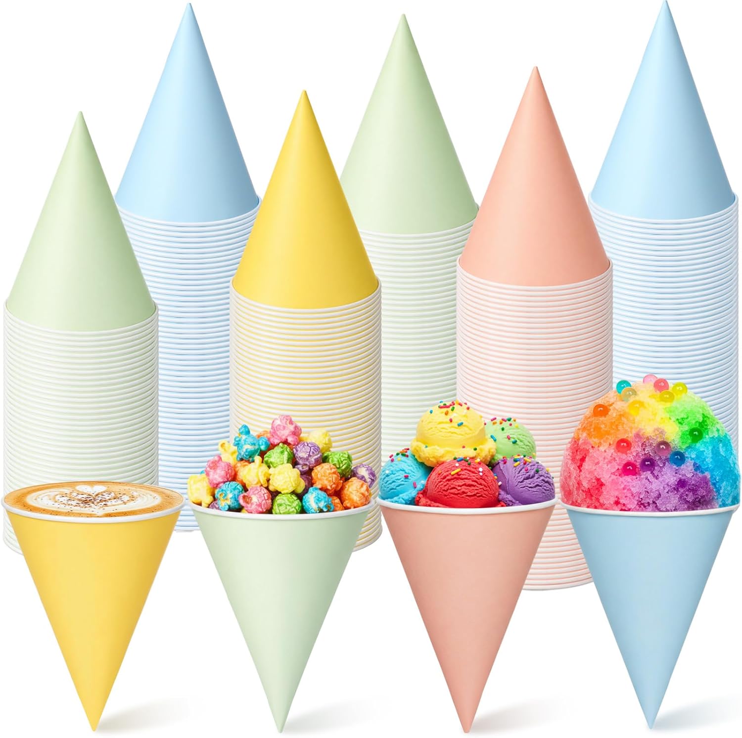 Honeydak 200 Pcs Snow Cone Cups 6 oz Pastel Disposable Macaron Shave Ice Cream Paper Cups for Slush Shaved Ice Cream Sorbet Water Syrup Summer Spring Party Supplies