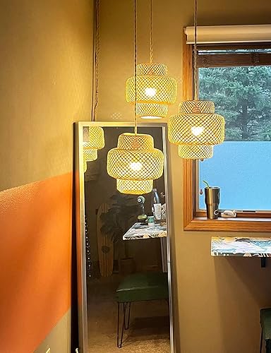 Miniatura 10 de Lámpara colgante de ratán para enchufar, con cable de enchufe, lámpara colgante de bambú regulable, tejida a mano estilo bohemio, pantalla de