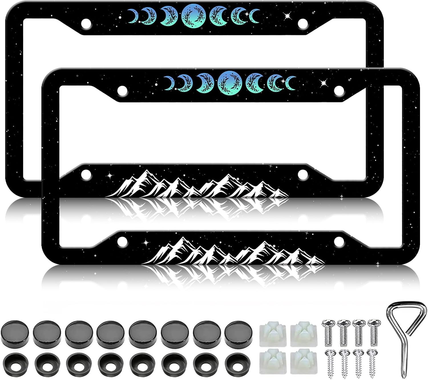 Moon Phase License Plate Frame - 2PCS Mountain Personalized Funny Aluminium Metal License Plate Holder, Rust-Proof Waterproof Car Decorative Tag Frames