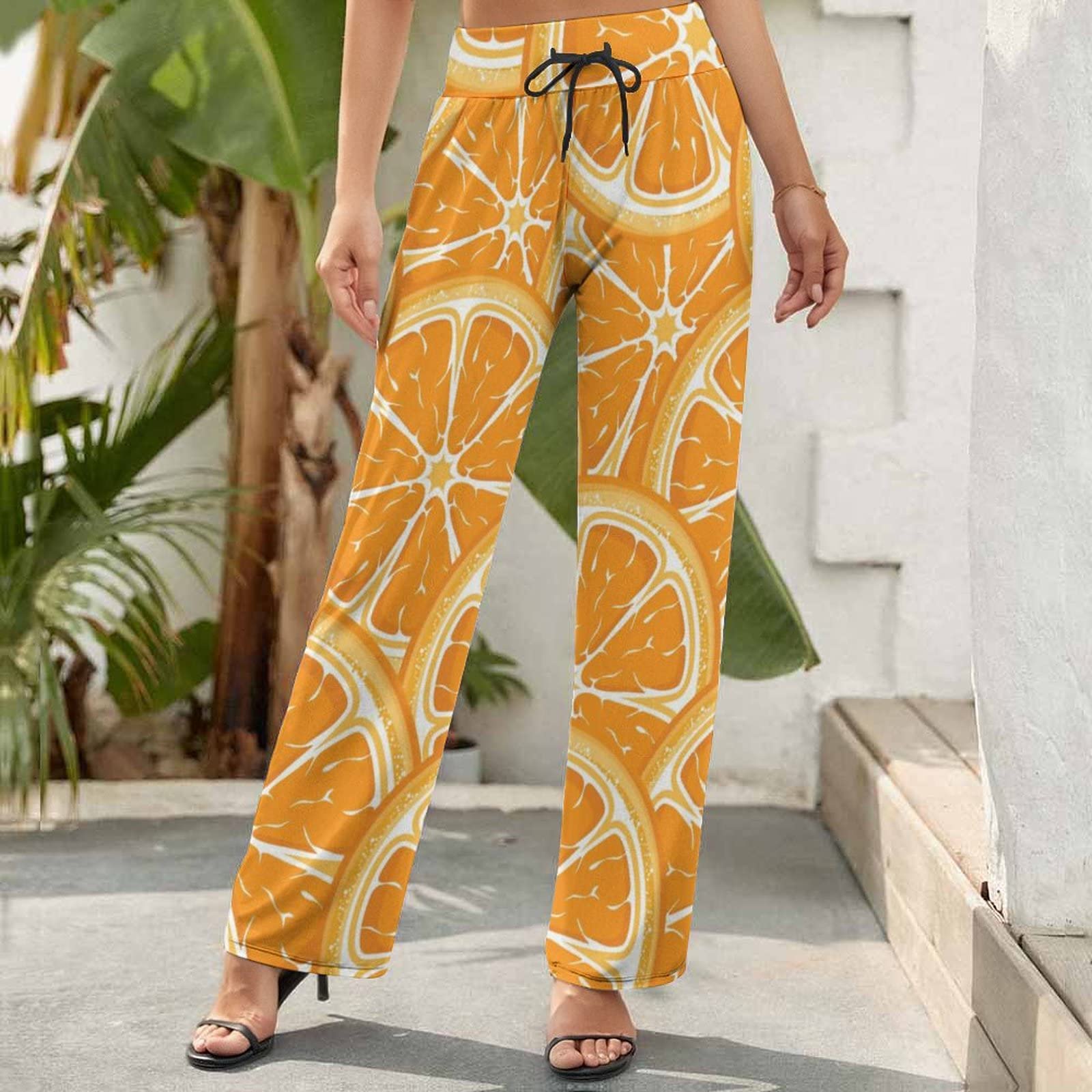 Amazon.co.jp: ワイドパンツ オレンジ柄 レディース ロング
