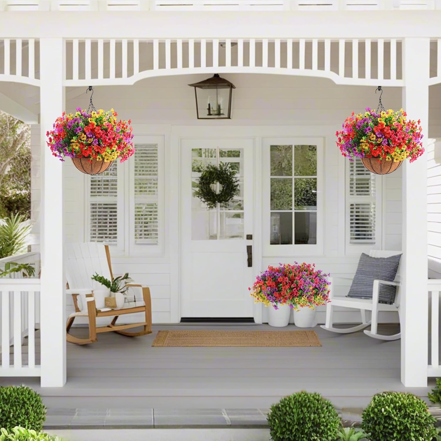 Hananona 2 Set Artificial Outdoor Flowers with Hanging Basket, 2 Hanging Planters with 24 Pcs Flowers for Spring Summer Front Porch Garden Patio Home Decor (2, Red, Purple, Yellow, Rose Red) - Image 4
