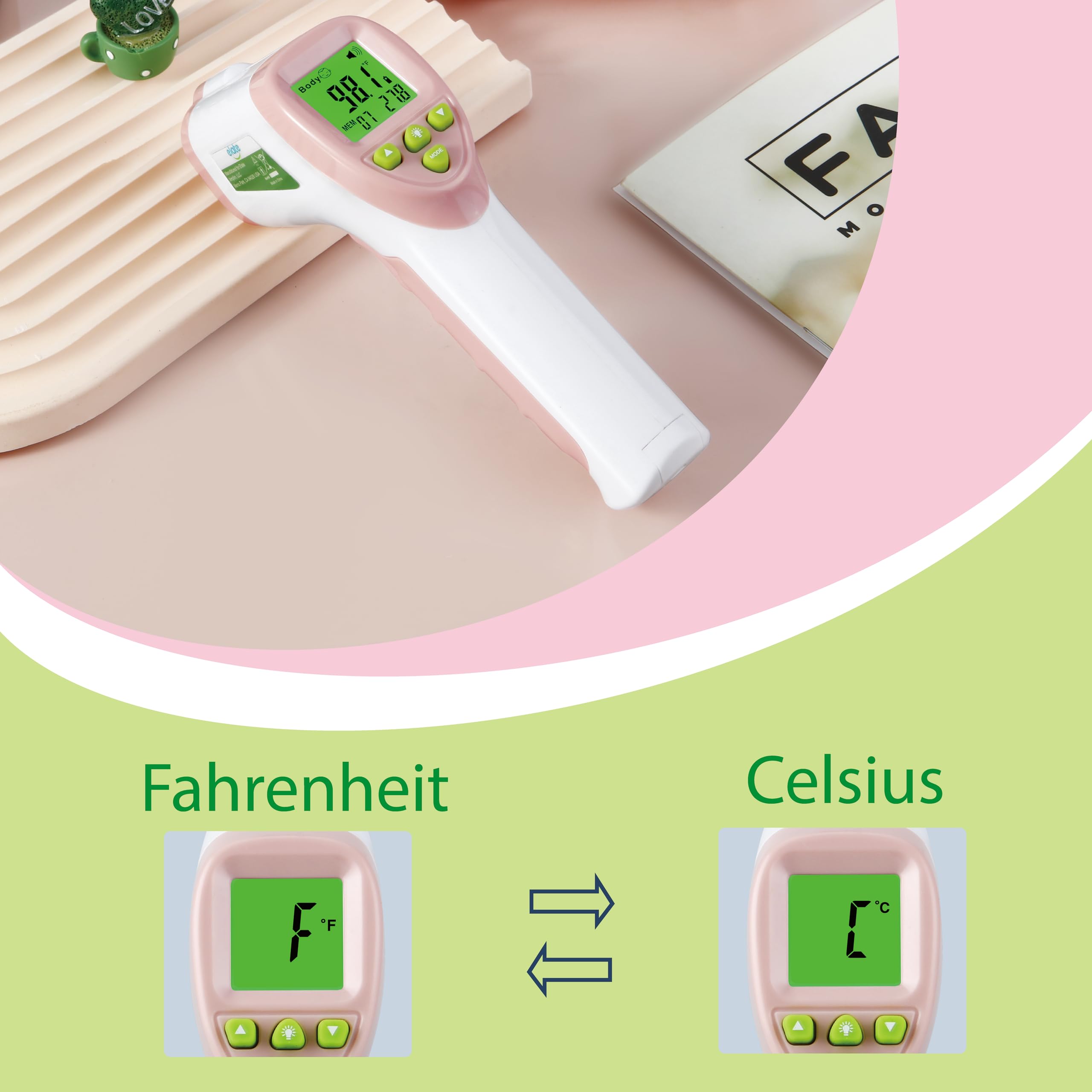 Elate Termómetro de frente | Termómetro de bebé para adultos, niños, bebés | Infrarrojo digital sin contacto con alarma de fiebre | Accesorios de grado médico para el hogar para enfermeras |
