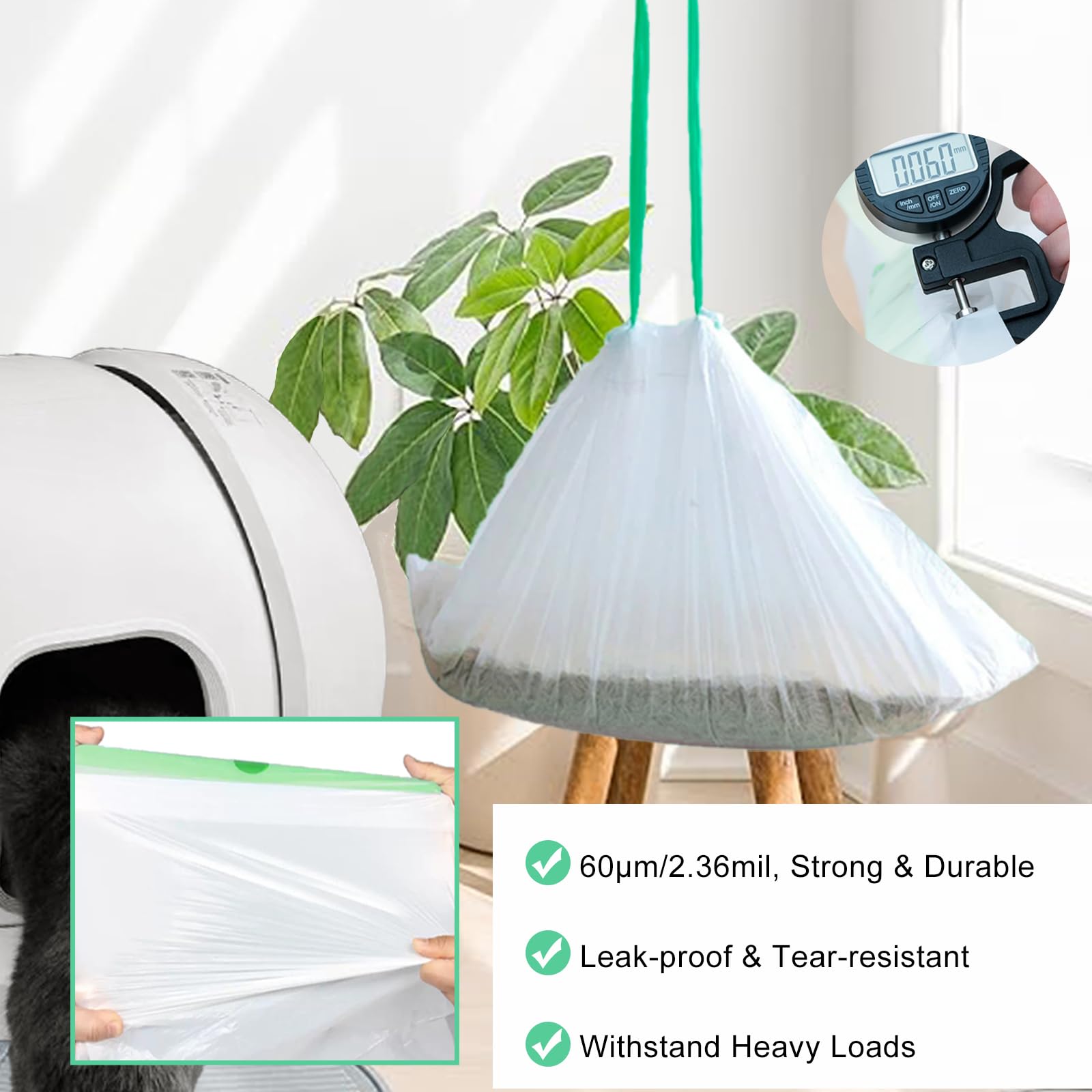 Paquete de 100 bolsas de arena para gatos compatibles con caja de arena para gatos autolimpiable, forro grueso y resistente con cordón compatible con caja de arena automática PURA X/MAX de 23 x 12