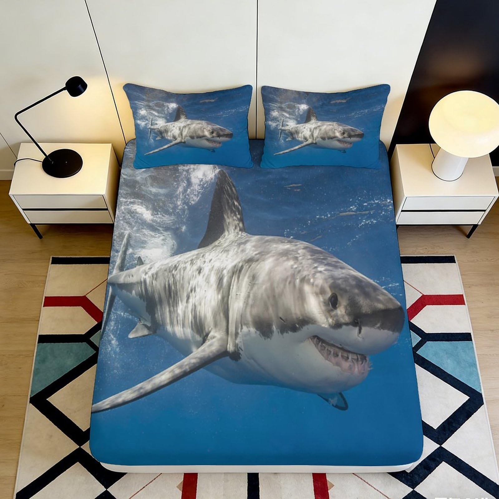 3D Printed Shark Ocean Fitted Sheet Microfiber Soft Blue Sea Predator Mattress Cover for Bedroom Dorm Mattress Protection Decor 160x200x25cm