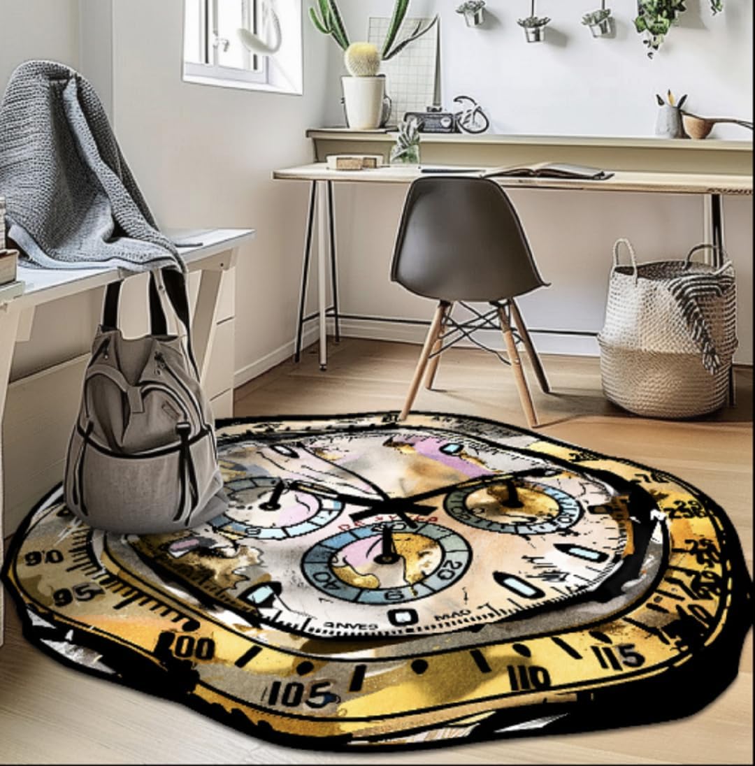 Yellow Clock Area Rug Iregular Round Clock Throw Rugs 2 Feet Small Washable Non-Slip Floor Mats for Bedroom Bathroom Home Decor