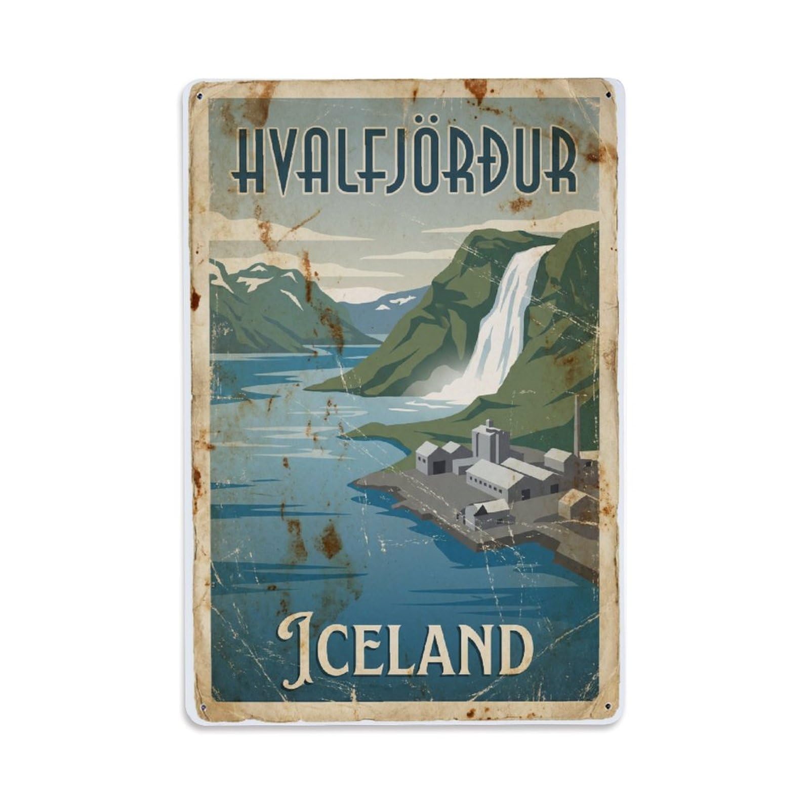 Vintage Travel Hvalfjordur Iceland Fjord Metal Tin Sign