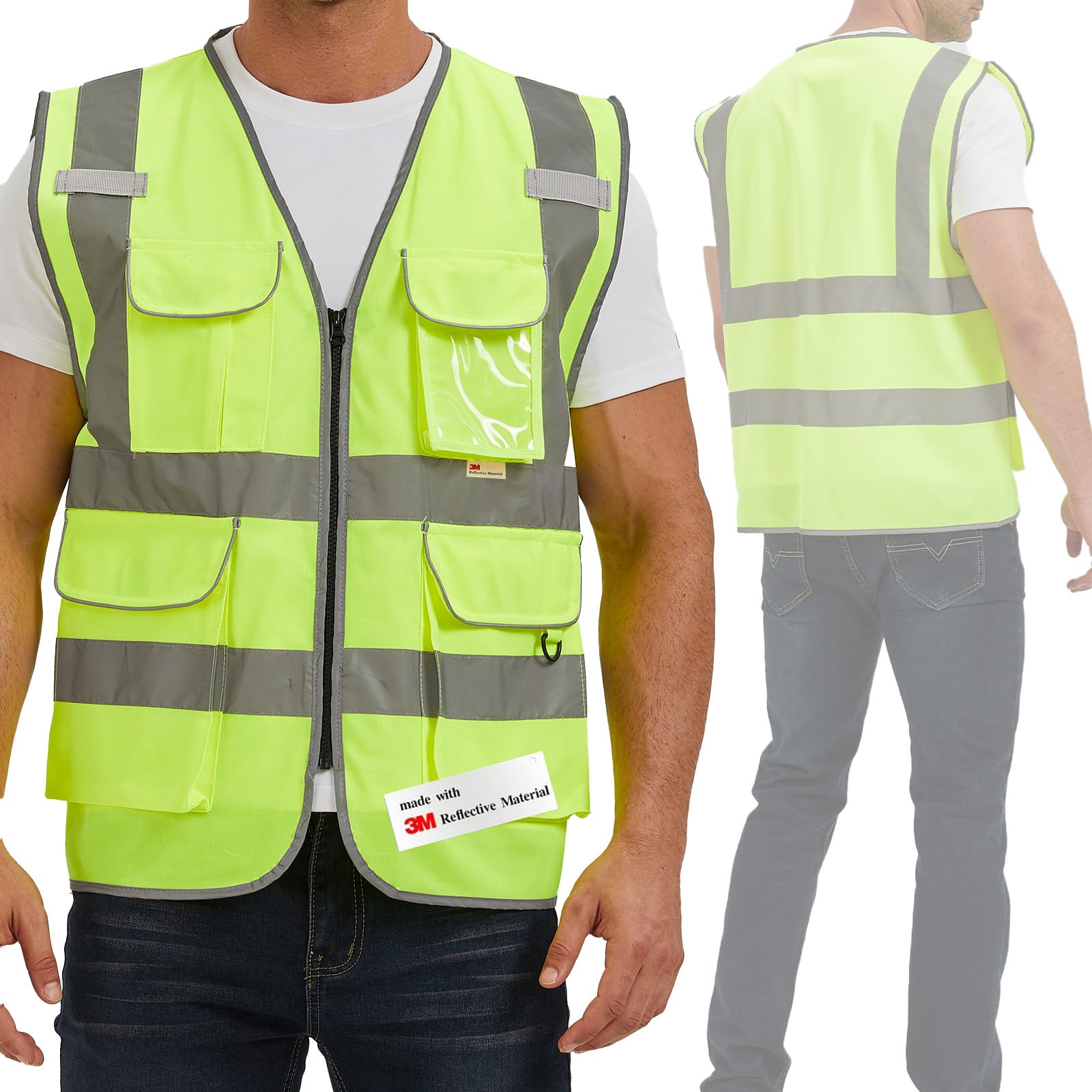 SIFE Reflective Safety Vest High Visibility Vest With 7 Pockets And YKK Zipper, ANSI/ISEA Class 2 Standard, Made With 3M Reflective Tape(03YG-Yellow,
