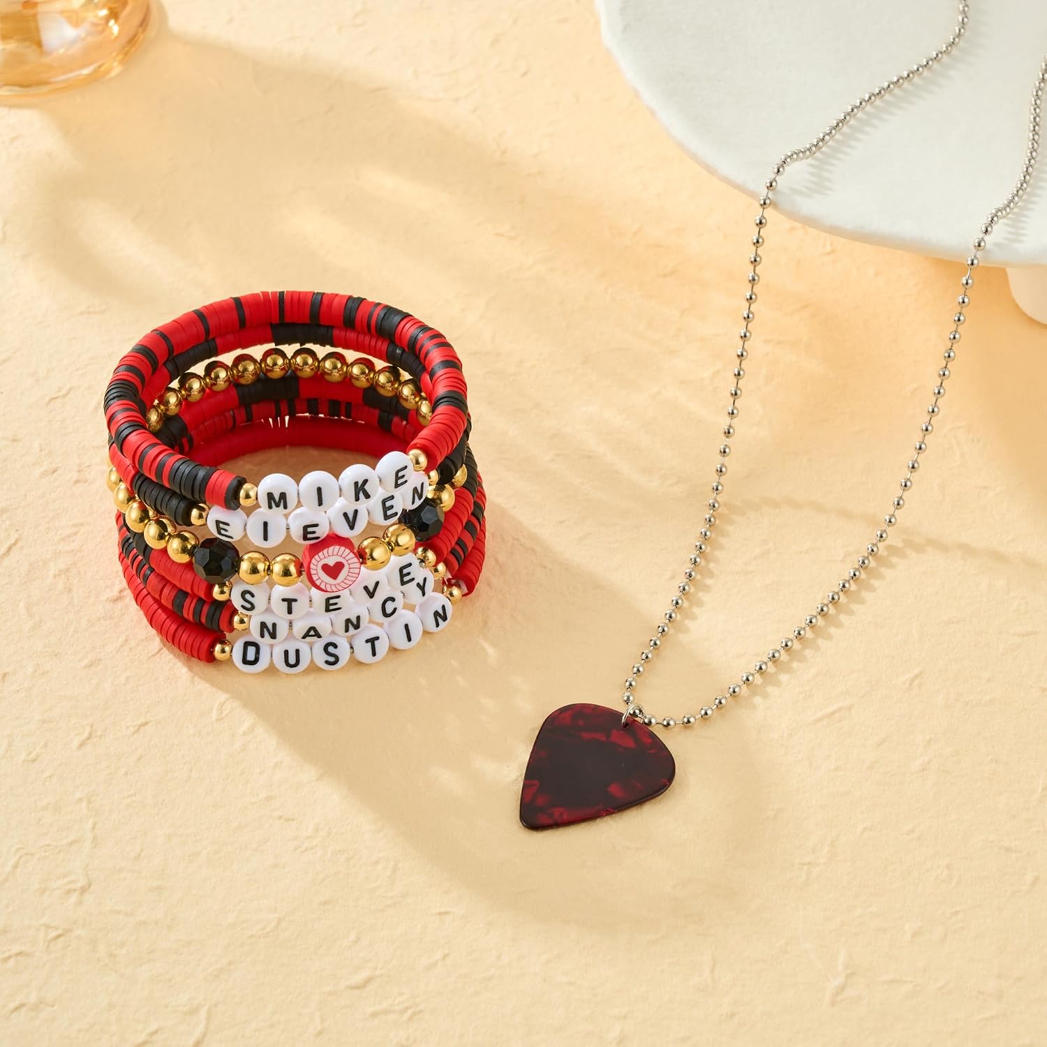 Eddie Necklace Bracelet Set Strange Horror Thing Guitar Pick Pendant Necklace Eleven Movie Merch Bracelet Holiday Gift Halloween Costume Cospaly Jewelry image 4