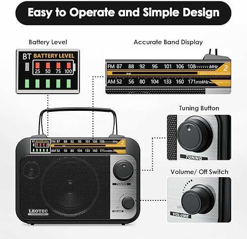 Vista 3 de LEOTEC AM FM Radio with Bluetooth,Portable Vintage Transistor Radio Rechargeable Battery/4 AA Cell Battery Operated/Plug in Wall,AUX,Big