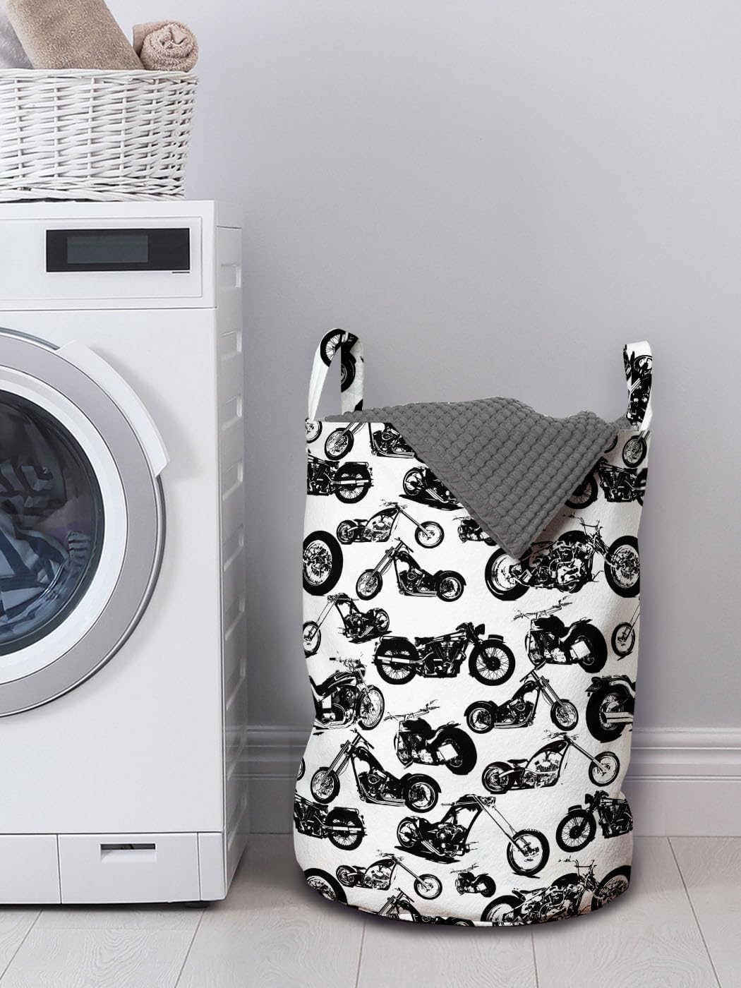 Ambesonne Motorcycle Laundry Bag Pack of 2, Retro Chopper Pattern Monochrome Motorbike Design Adventure Cruising Theme, Hamper Basket with Handles Drawstring Closure, 13" x 19", Black White