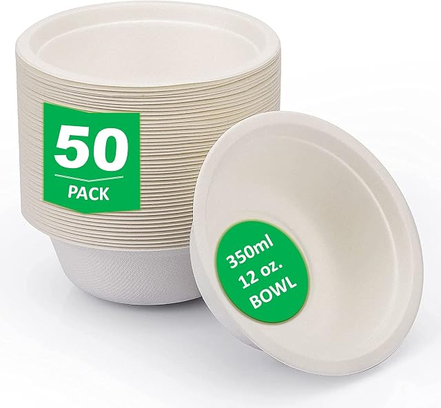DEcorative Concepts UK Super Rigid Disposable Paper Bowls Sugercane Biodegradable and Compostable White (340ml 50 Pack)