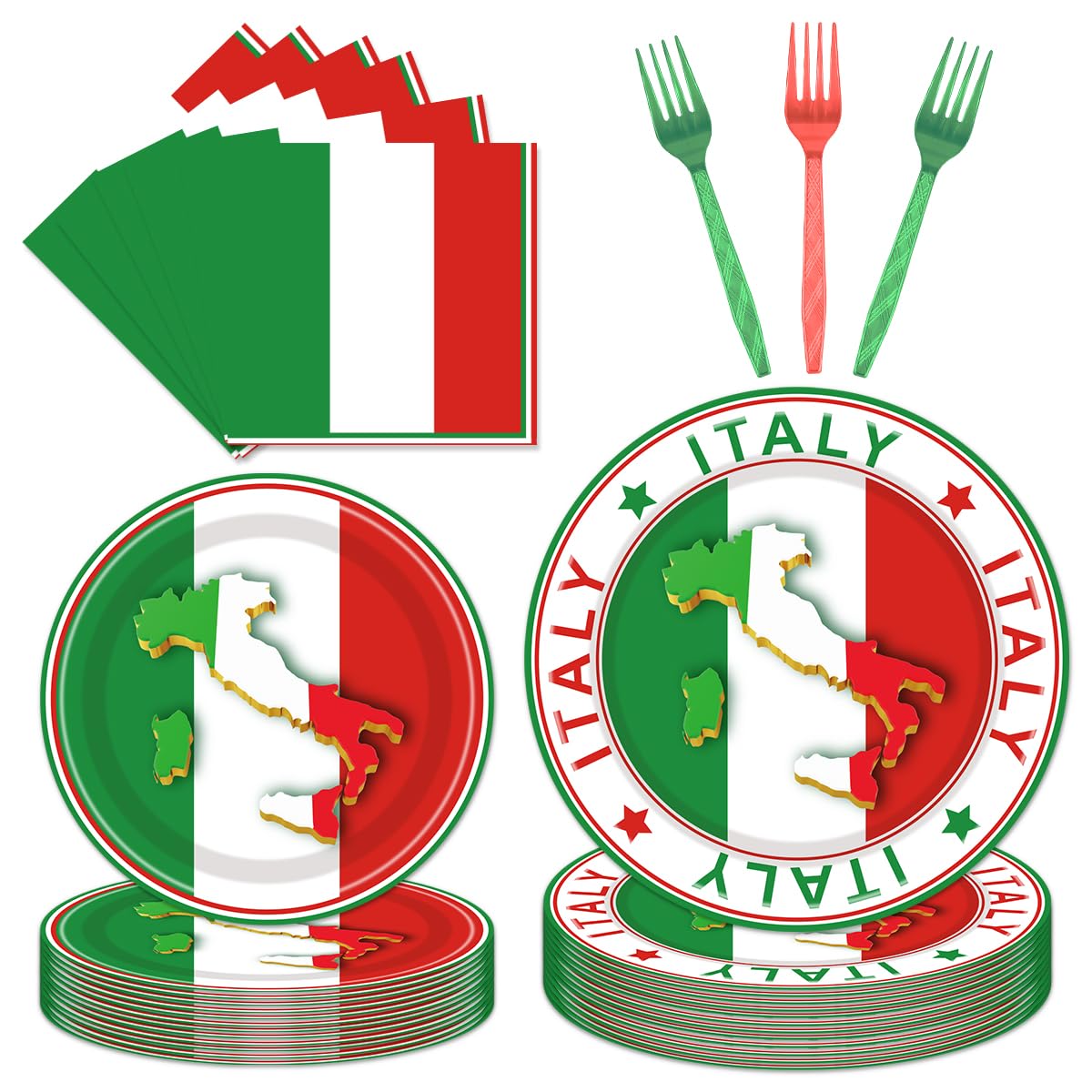 Papiailove 96 Pcs Italian Party Decorations, Italian Flag Plates and Napkins Party Supplies, Italian Theme Tableware Set, Red White and Green Party