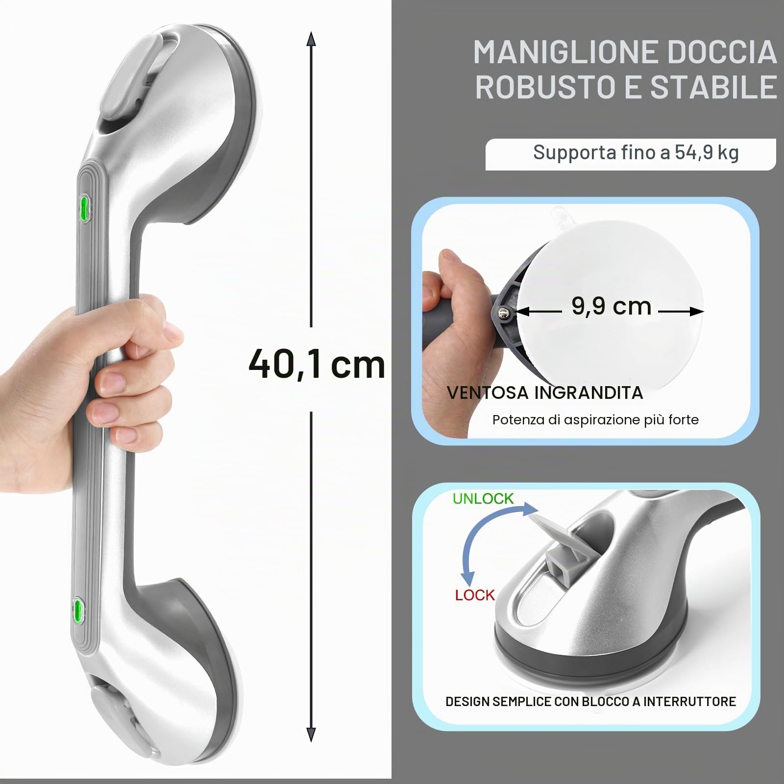 Newthinking Maniglia lunga a ventosa per bagno, maniglia doccia a ventosa da 40,6 cm con indicatore, maniglia portatile di sicurezza a ventosa per la mobilità per anziani disabili (2, argento)