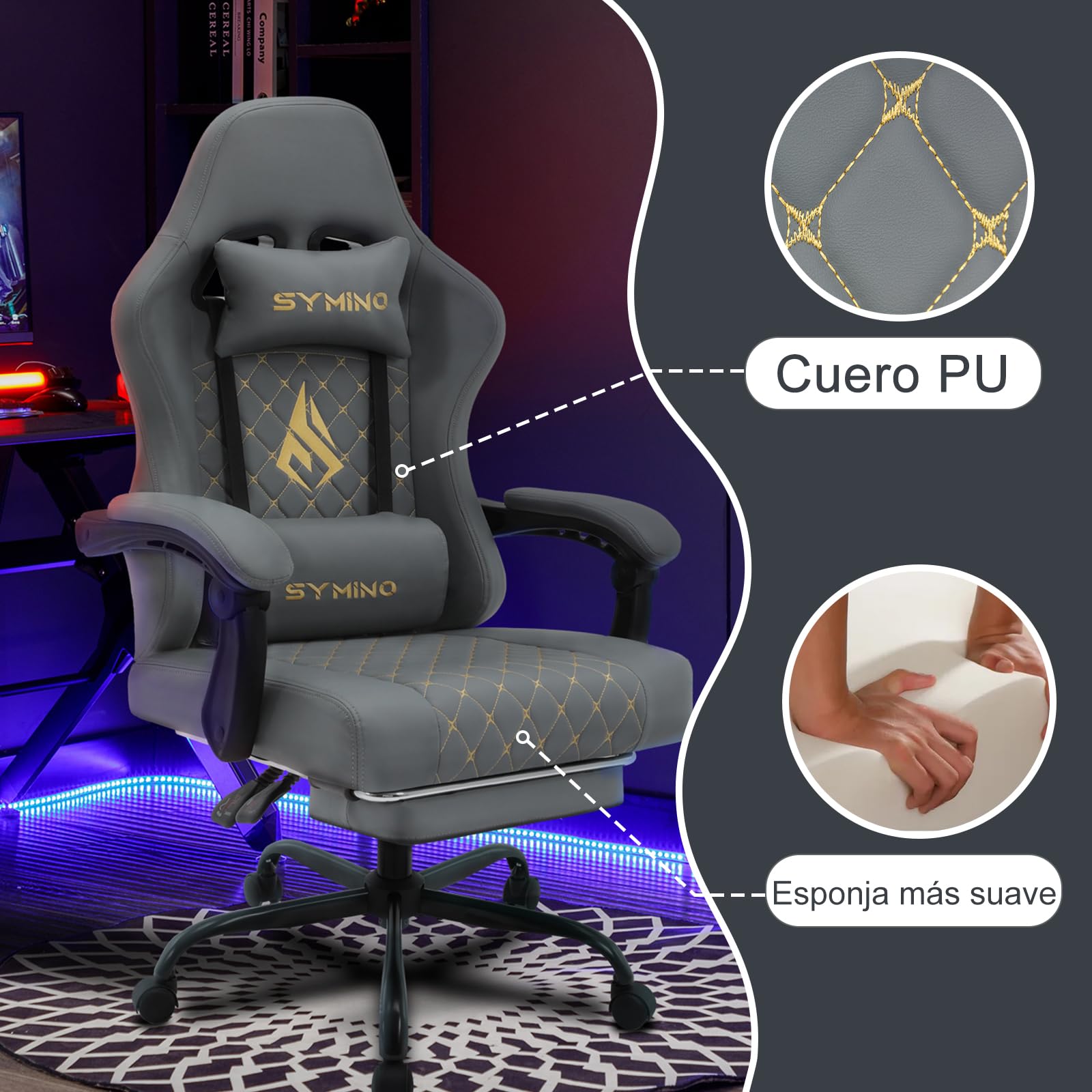 Symino Silla Gaming Ergonómica con Asiento de Espuma Alta Densidad – 150 kg, Reclinable con Soporte Lumbar, Reposabrazos Ergonómicos, Giratoria 360° para Oficina y Escritorio