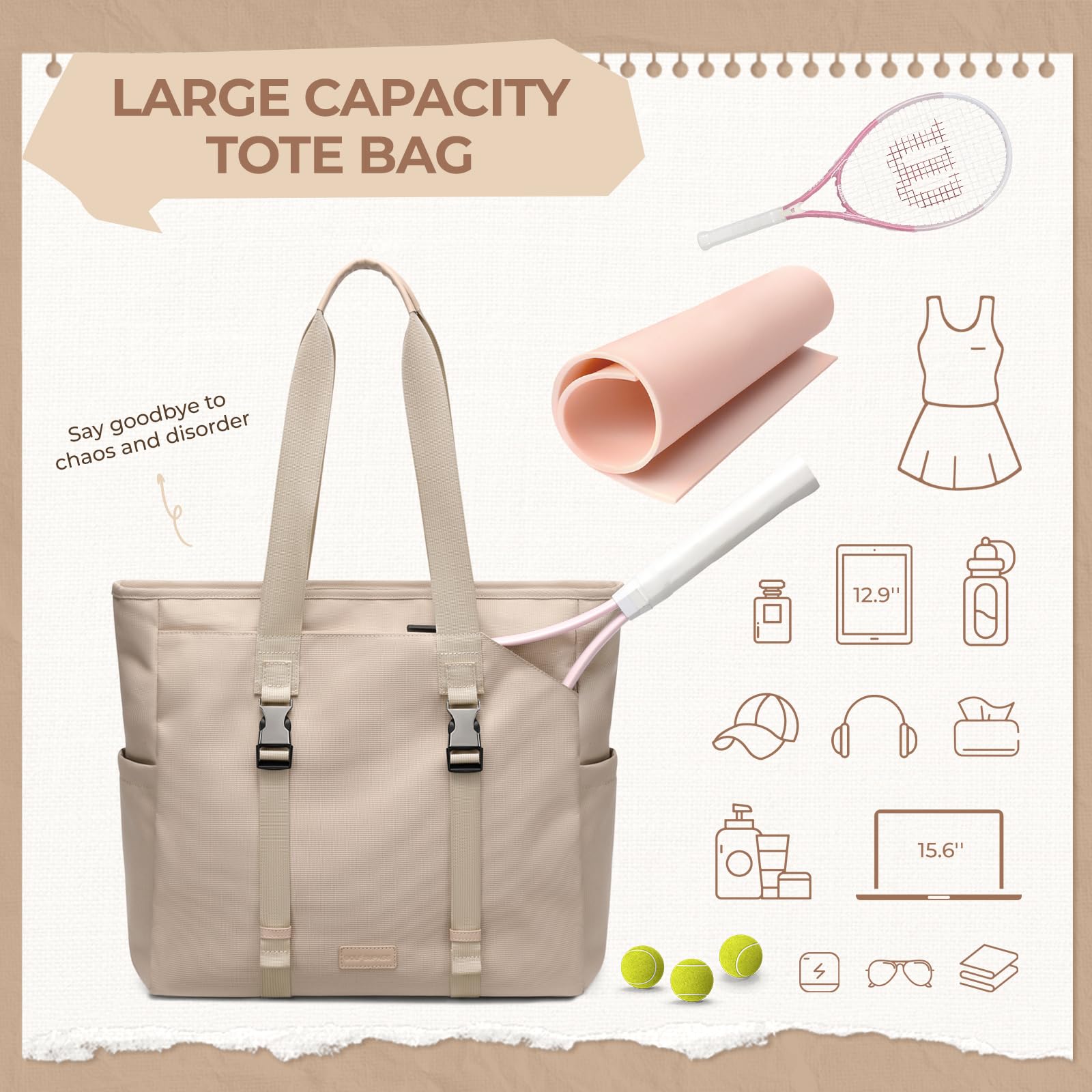 Bolsa de Tenis para Mujer, Bolsa de Transporte con Bolsillo Húmedo, Bolso de Mano para Esterilla de Yoga, Bolsa Tote Multifuncional de 14 Pulgadas, para Viajes, Fitness, Yoga, Tenis y Oficina