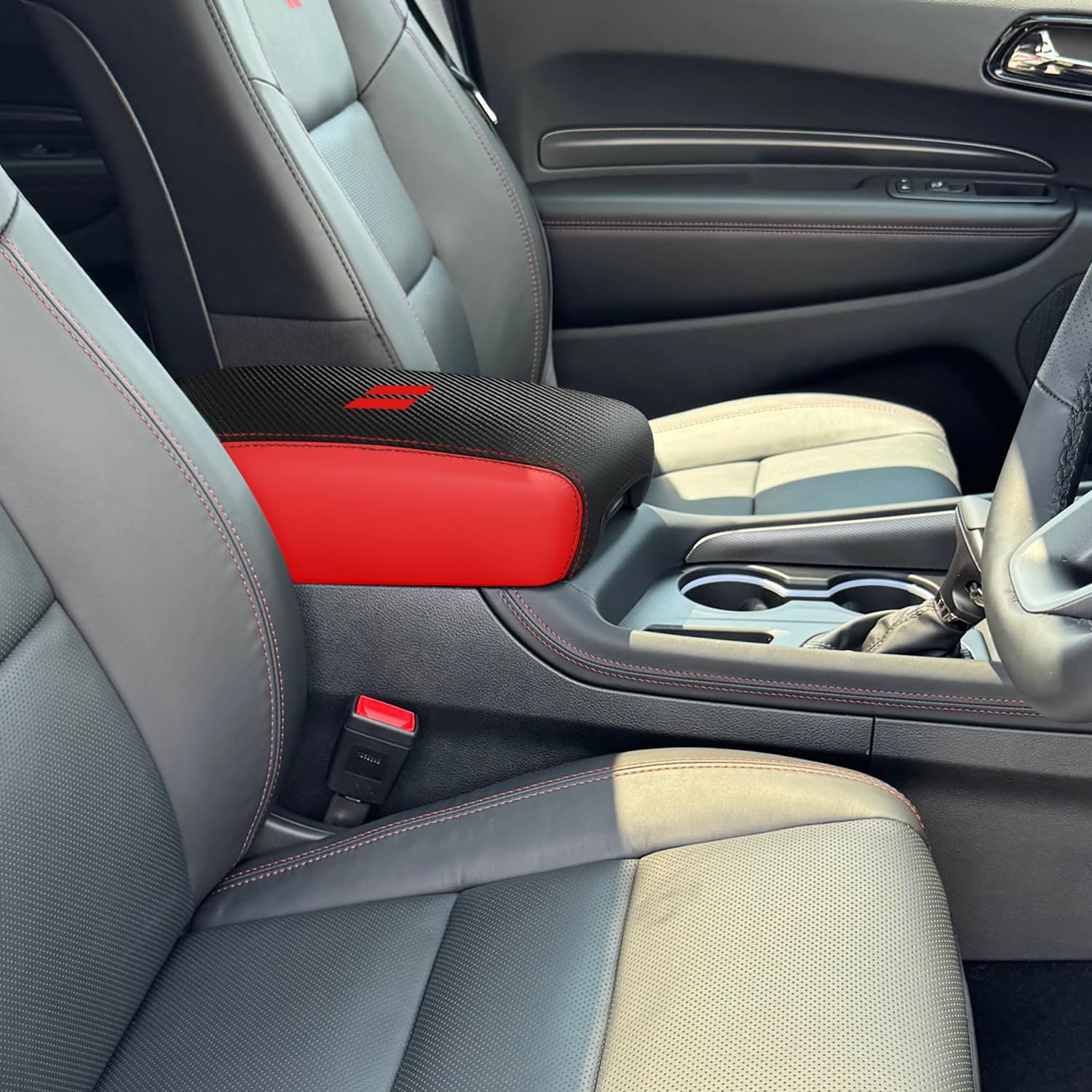 Center Console Armrest Cover for Dodge Durango Accessories 2021 2022 2023 2024 2025 2026 Interior Box Anti-Scratch Protector Pad Leather Central Armrest Decoration(Carbon Fiber+Red Leather)