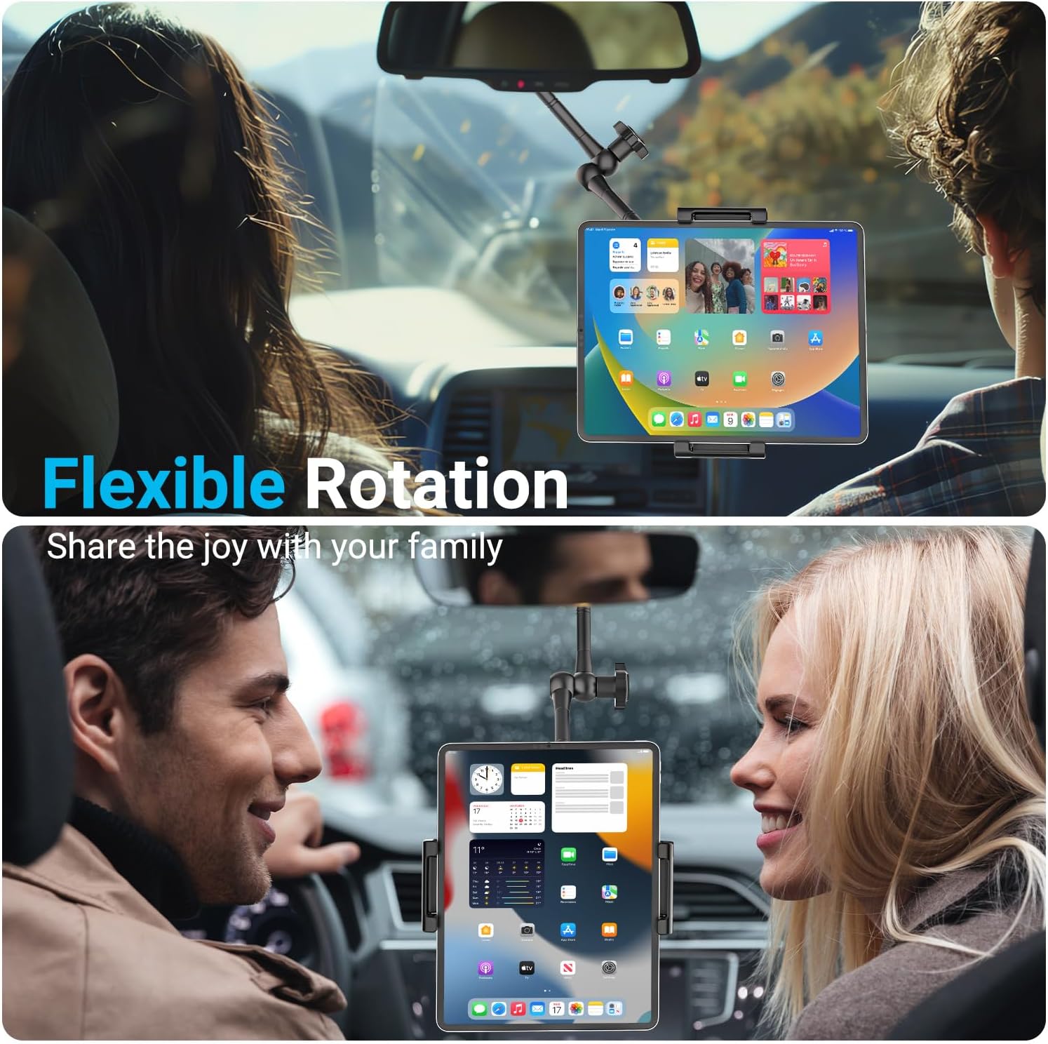 Rearview Mirror Metal Car Tablet Mount, 360° Rotation Magic Arm Rear View Mirror Tablet Holder for All 6.1-15.6" Devices, Fit Thickness Case (Deep Max 1.18'') for iPad Pro/Air/Mini, Galaxy Tab