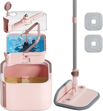 Square Spin Mop and Bucket Set with Self Separation Dirty and Clean Water System,Self Wringing 360 Rotating Mops Head for Home Floors Cleaning