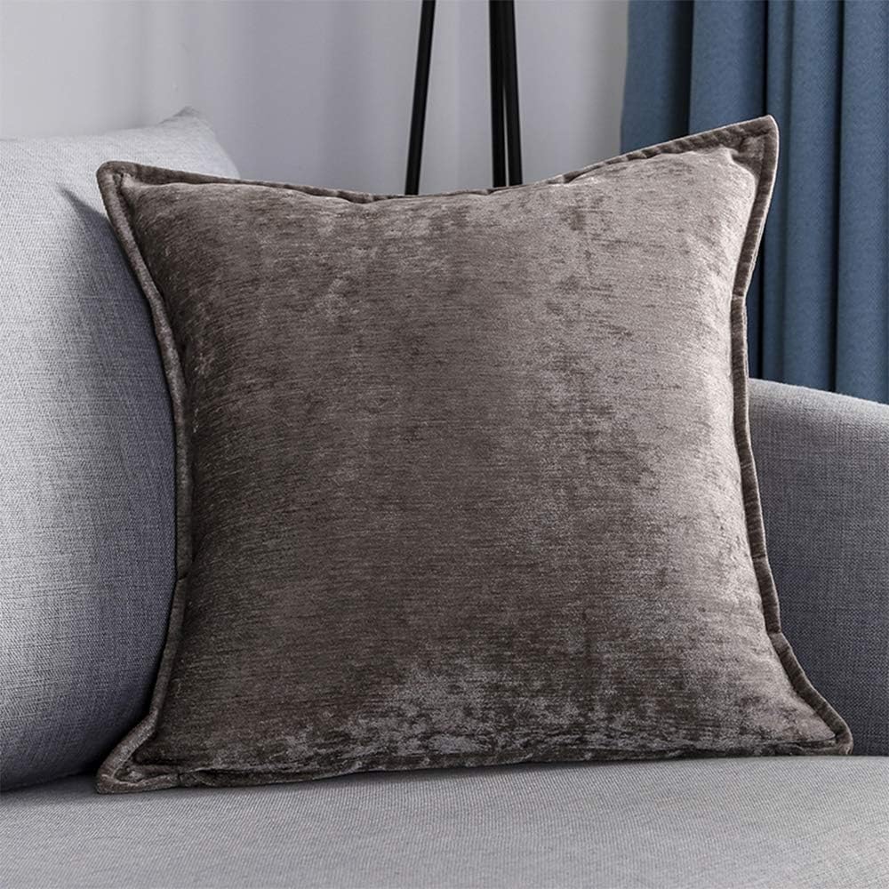 QINUO HOME Decor Throw Pillow Cover Decorative Soft Velvet Plain Chenille Square Cushion Cover for Bench, Set of 2, 18 x 18 inch (45cm), Mocha
