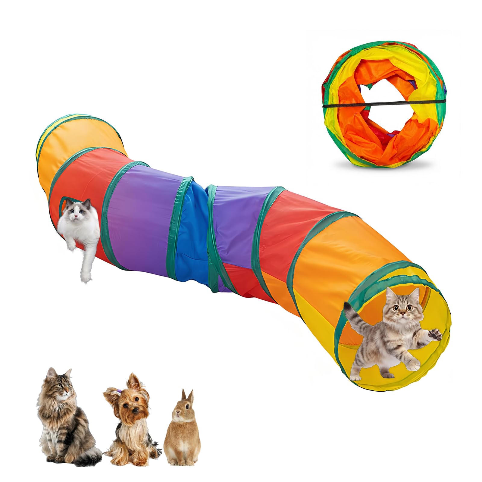 Extra Long S-Shape Cat Tunnel, 123cm Collapsible Rainbow Cat Play Tube, Foldable Indoor Cat Exercise Tunnel Bed for Kittens, Rabbits & Small Pets