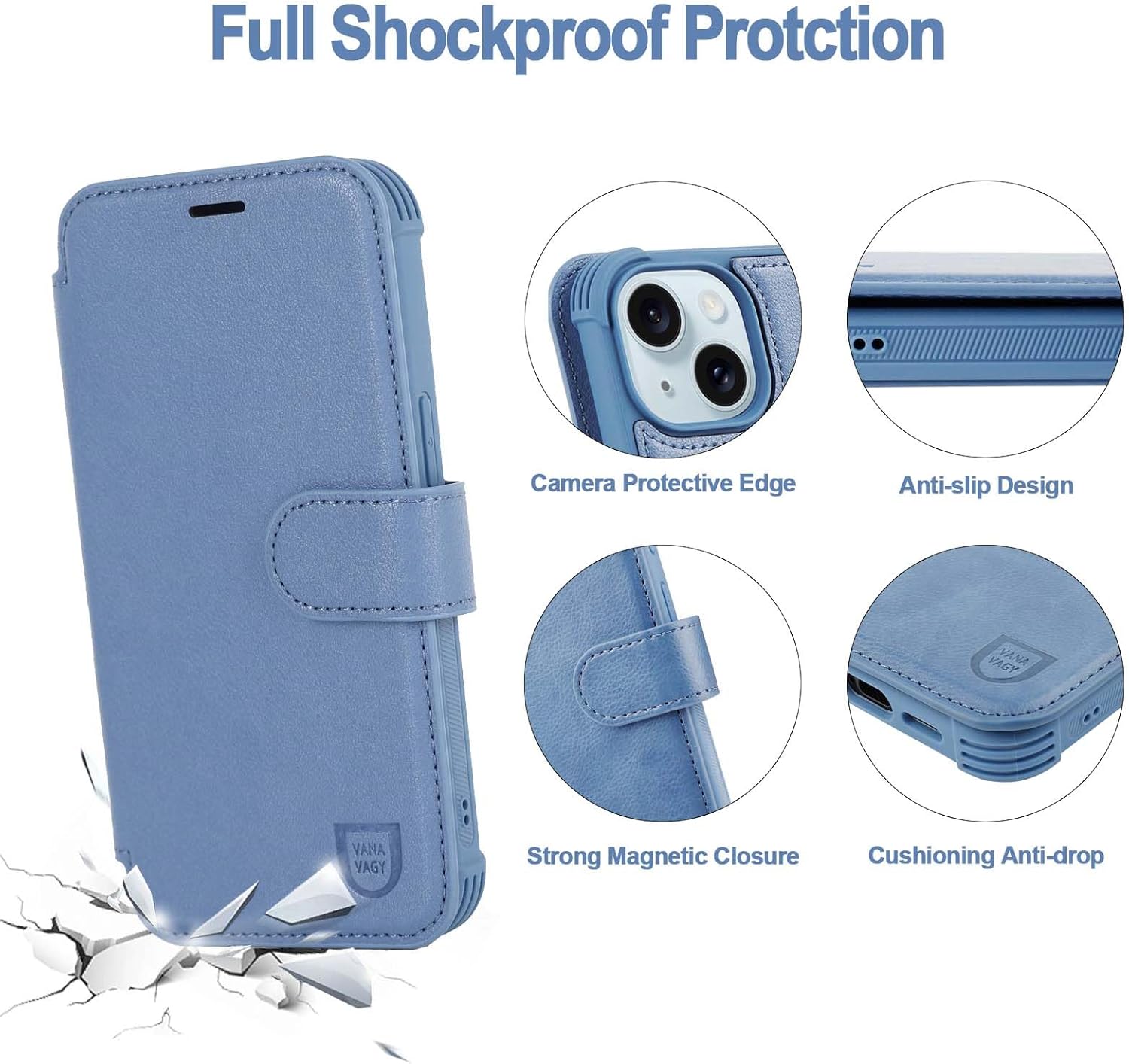 VANAVAGY Compatible for iPhone 15 Wallet Case, PU Leather Flip Folio Cover with Wrist Strap RFID Blocking Card Holder for Wireless Charging,[Screen Protector & Camera Cover],Blue - Image 3