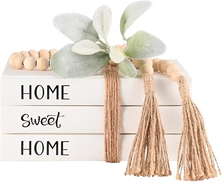 Linen Decorative Faux Books, Set of 3 Fake Books with Wood Bead Tassels and Artificial Green Leaves, Modern Coffee Table Book for Home, Office, Bookshelf and Mantel Decor White and Black