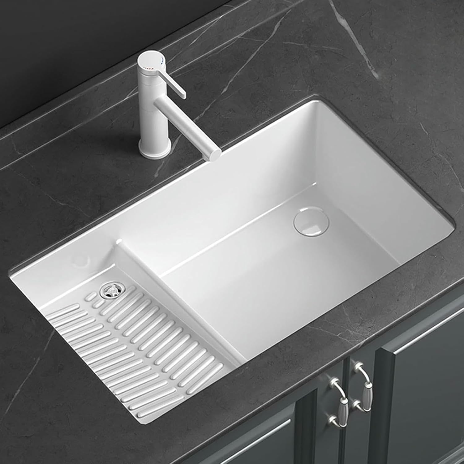 Rectangular Undemrount White Bathroom Sink,Ceramic Laundry Sink Wiht Washboard,Utility Sinks for A Laundry Room,with Faucet