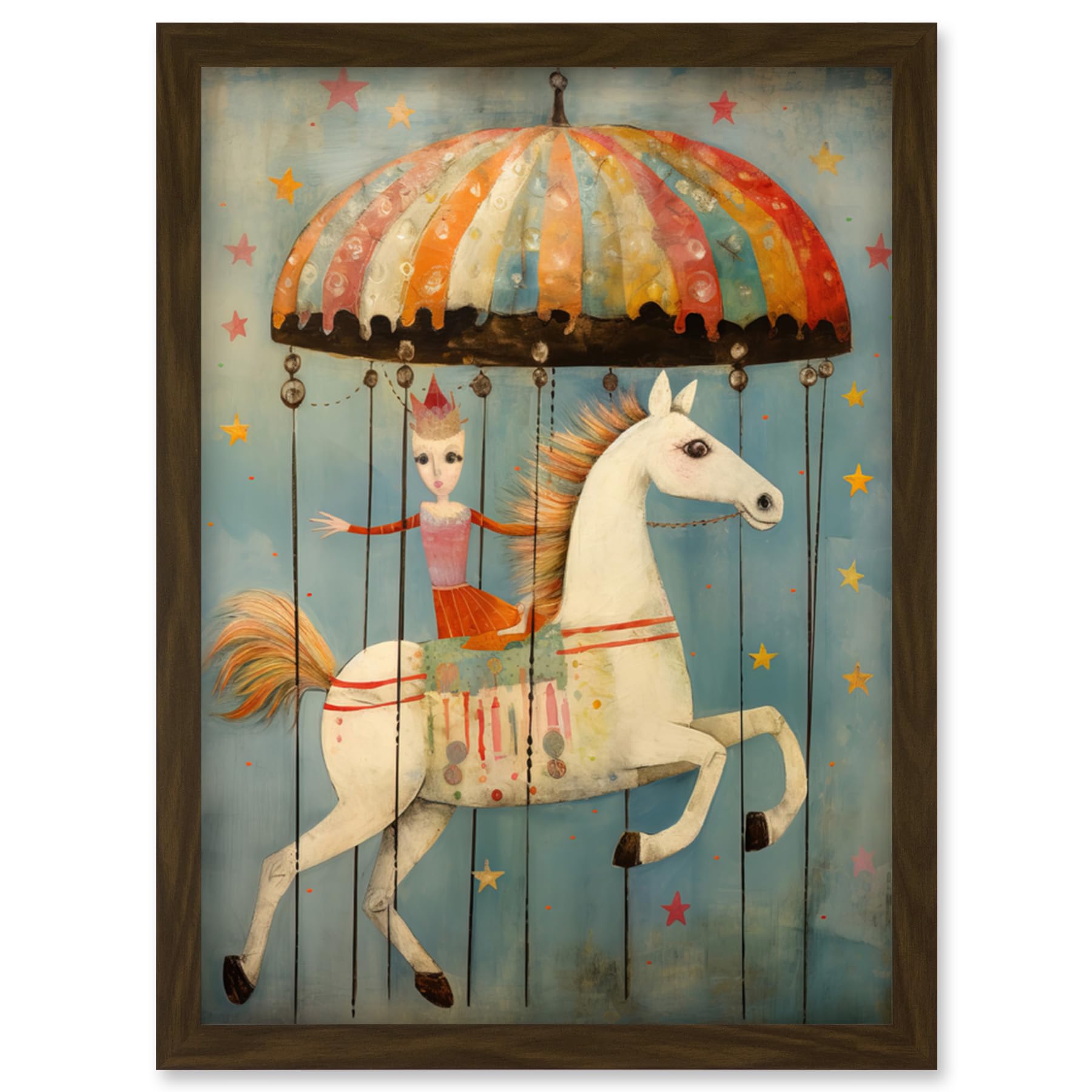 Artery8 Folk Art Whimsical Carousel Fairground Kids Girls Bedroom Artwork Soft Pastel Horse Artwork Framed Wall Art Print A4