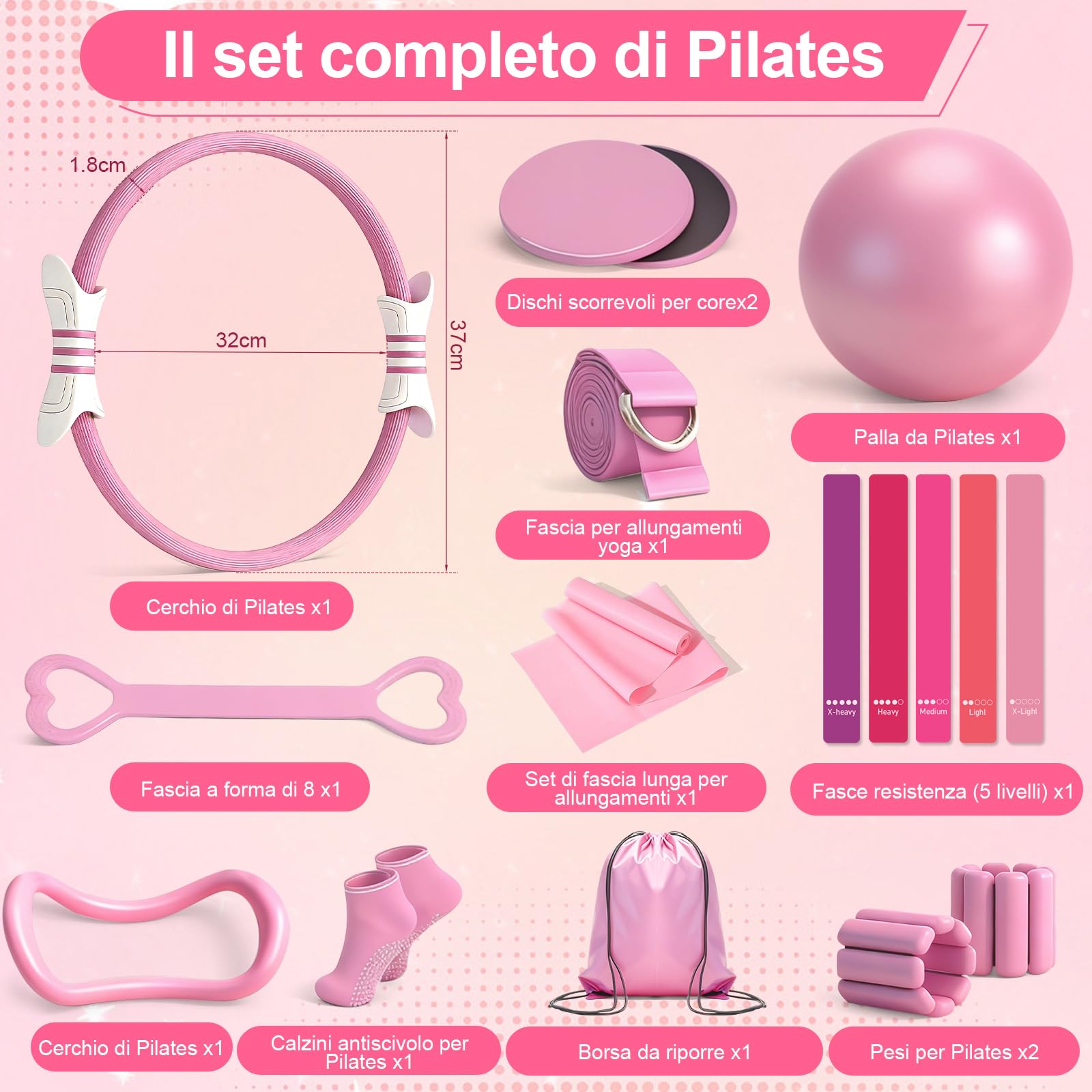 Kit Pilates Rosa 14 Pezzi – Set per Casa con Anello, Palla, Calzini Antiscivolo, Pesi da Polso, Fasce Elastiche – Attrezzatura per Allenamento di Forza – Completo Pilates Donna