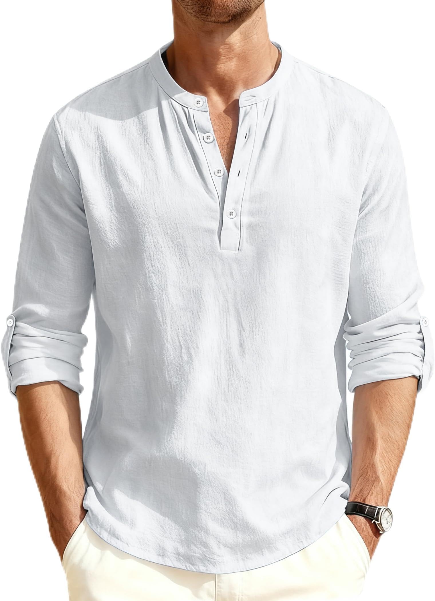 Men's Cotton Linen Shirts Long Sleeve Beach Henley Shirt Casual Summer Button Shirts