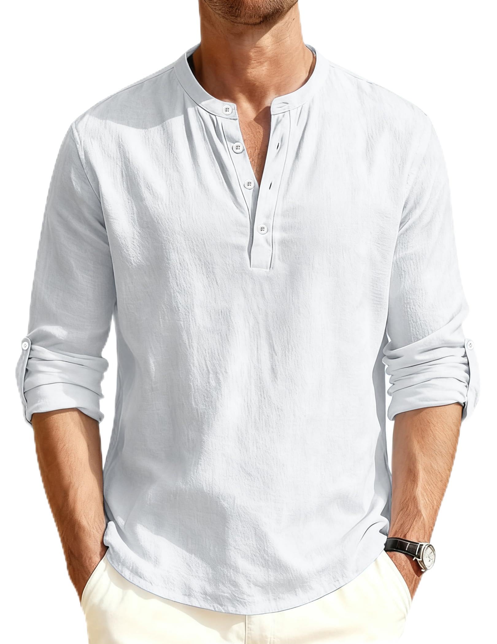 Men's Cotton Linen Shirts Long Sleeve Beach Henley Shirt Casual Summer Button Shirts