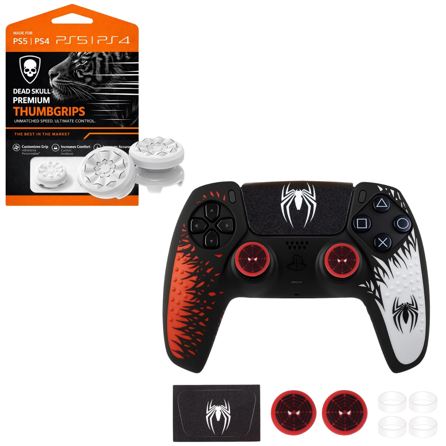 DEADSKULL Spidy Edition Red & White Silicone Controller Sleeve + FPS White Thumb Grip Caps Bundle Compatible with PlayStation 5 Controller, Compatible with DualSense Wireless Controller (Red&White)