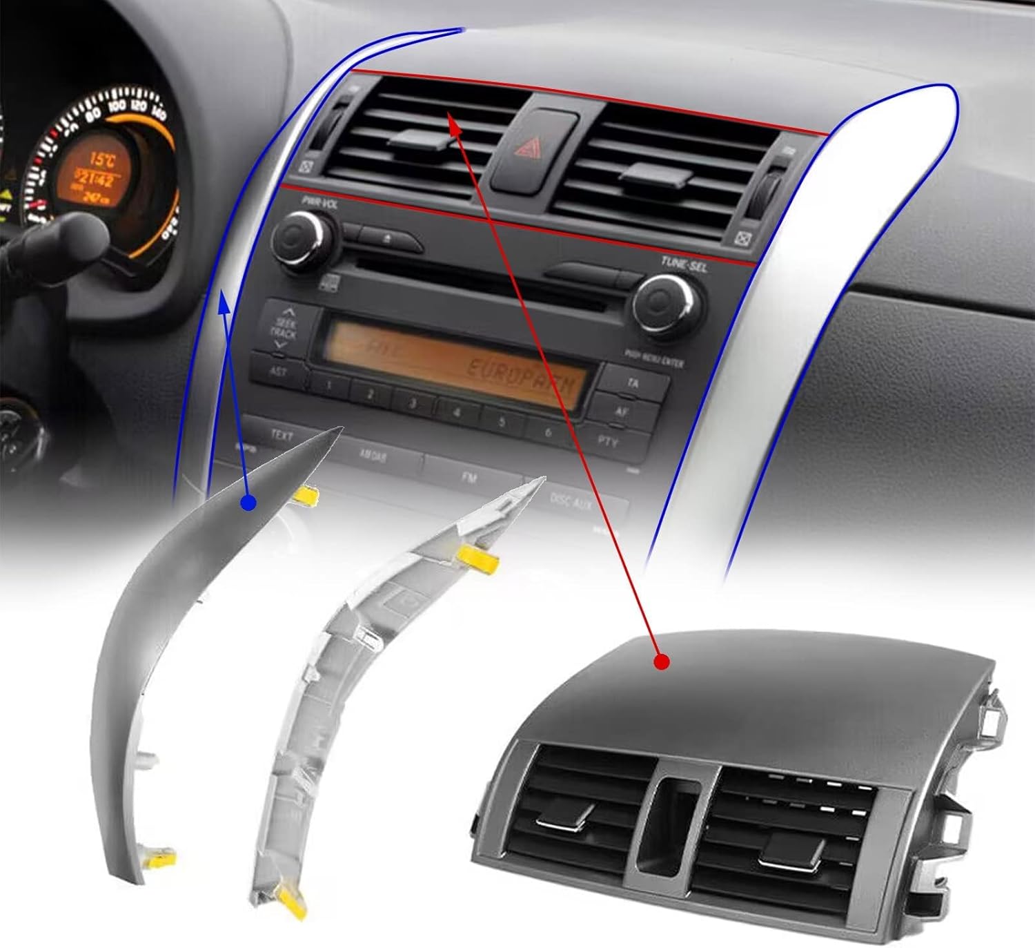 GXARTS Center Dash A/C Outlet Air Vent Panel And Strip Trim 55670-02160 Compatible with Toyota Corolla 2008 2009 2010 2011 2012 2013 55663-02060 55435-02220 55436-02180