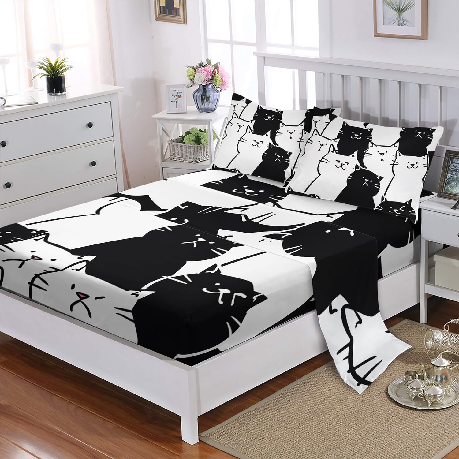 XYNHML Kids Cartoon Cat Sheet 4Pcs Full Black and White Kitten Sheet Cute Pet Cat Bedding Set for Teen Kid Boy Girl Adult Kawaii Line Cat Bedspread with 1 Flat Sheet and 1 Fitted Sheet+2 Pillowcases