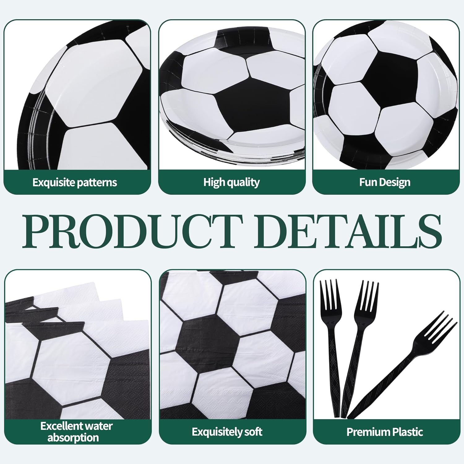 60pcs Black And Whitesoccer Birthday Party Decorations-Soccer Plates And Napkins-Black Plastic Silverware Fork,Suitable For Football Games, Birthdays, Sports, Parties,Serves 20(9 Inches) - Image 3