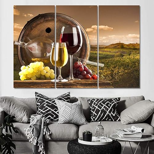 TUMOVO Arte de pared de vino tinto y blanco para comedor, arte de pared, vino tinto y verde, uva, botellas de copas de vino, botellas de alta