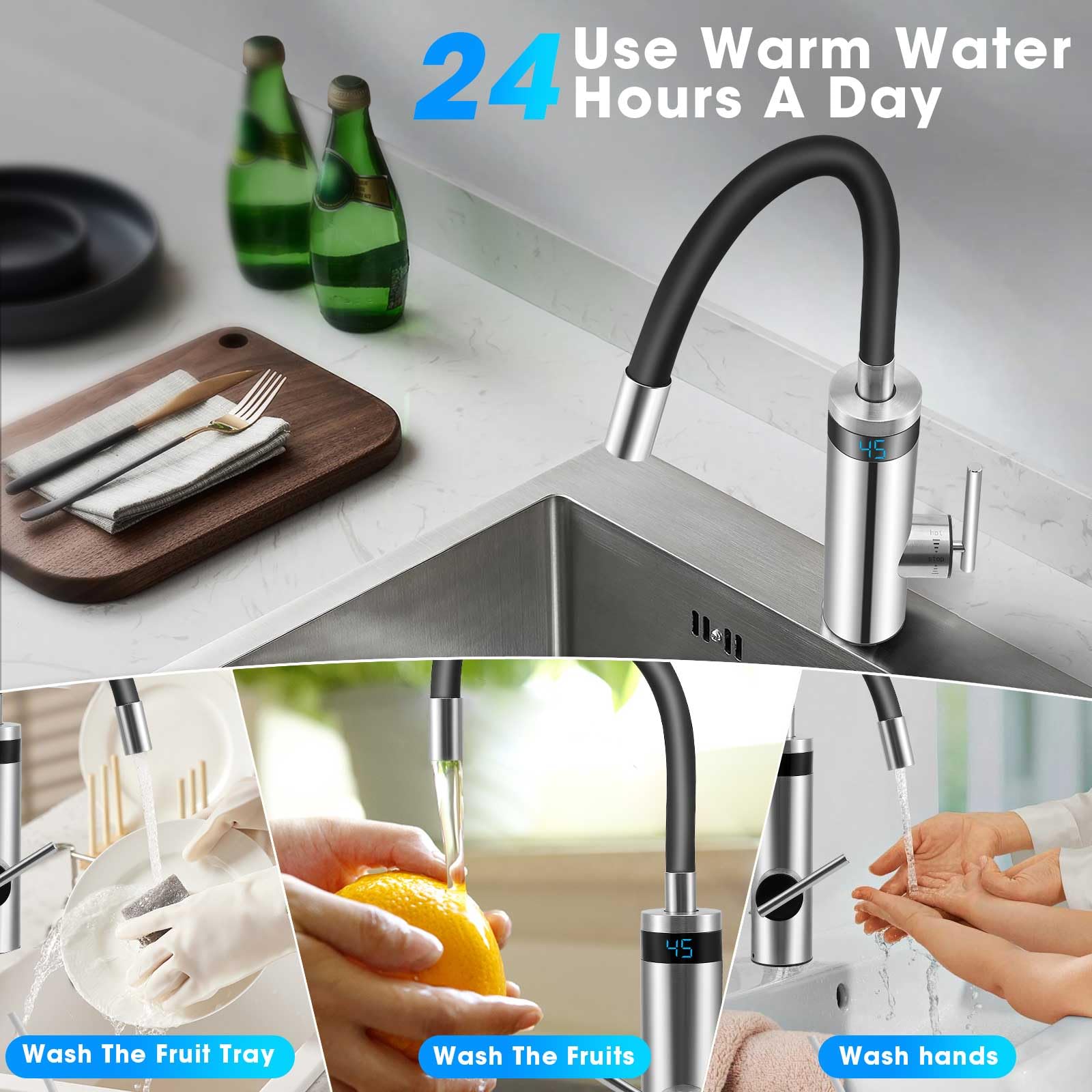 Robinet Électrique avec Chauffe-eau Instantané, 3000w Robinet Chauffant en Acier Inoxydable, Сhauffe-Eau de Cuisine Avec Col Flexible et Affichage de la Température, pour Cuisine, Salle de Bain