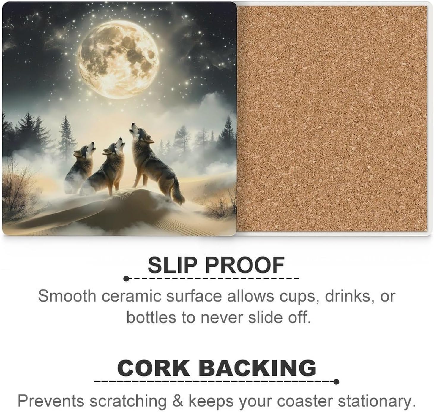 Wolf Howling to The Moon Ceramic Coasters Set Square Drink Coasters Table Coaster for Kitchen Desktop Decor