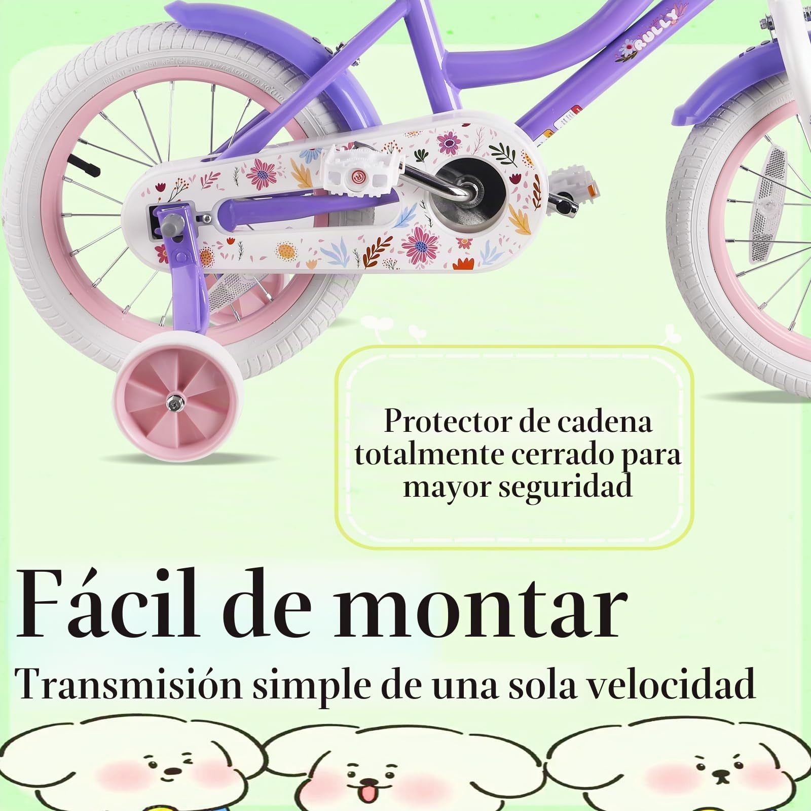 RULLY Bicicleta de 12" 14" 16" Daisy para Niñas de 2-7 Años – Bicicleta Infantil con Ruedas y Cesta – Color Rosa Violeta