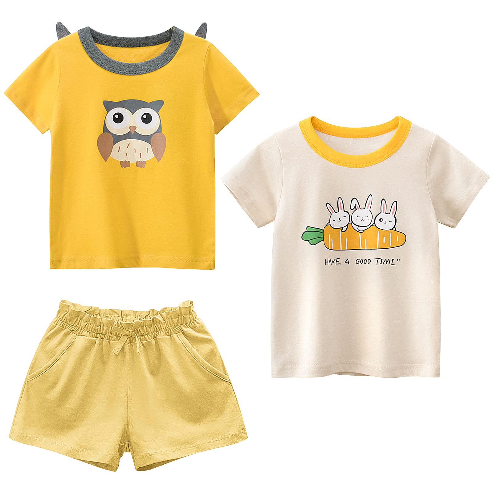 DEEKEY Toddler Girls' Little Kids Short-Sleeve T-Shirts and Shorts Set 3-Piece Outfits Clothes
