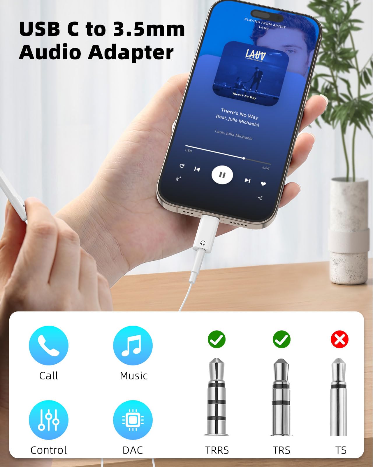 MoKo USB C to 3.5mm Audio Headphone Adapter, Type C to Headphone 3.5mm Aux Jack Dongle Compatible with iPhone 16 15 Pro Max Plus, Galaxy S24 S23 S22, iPad Air/Pro, MacBook, Pixel, White