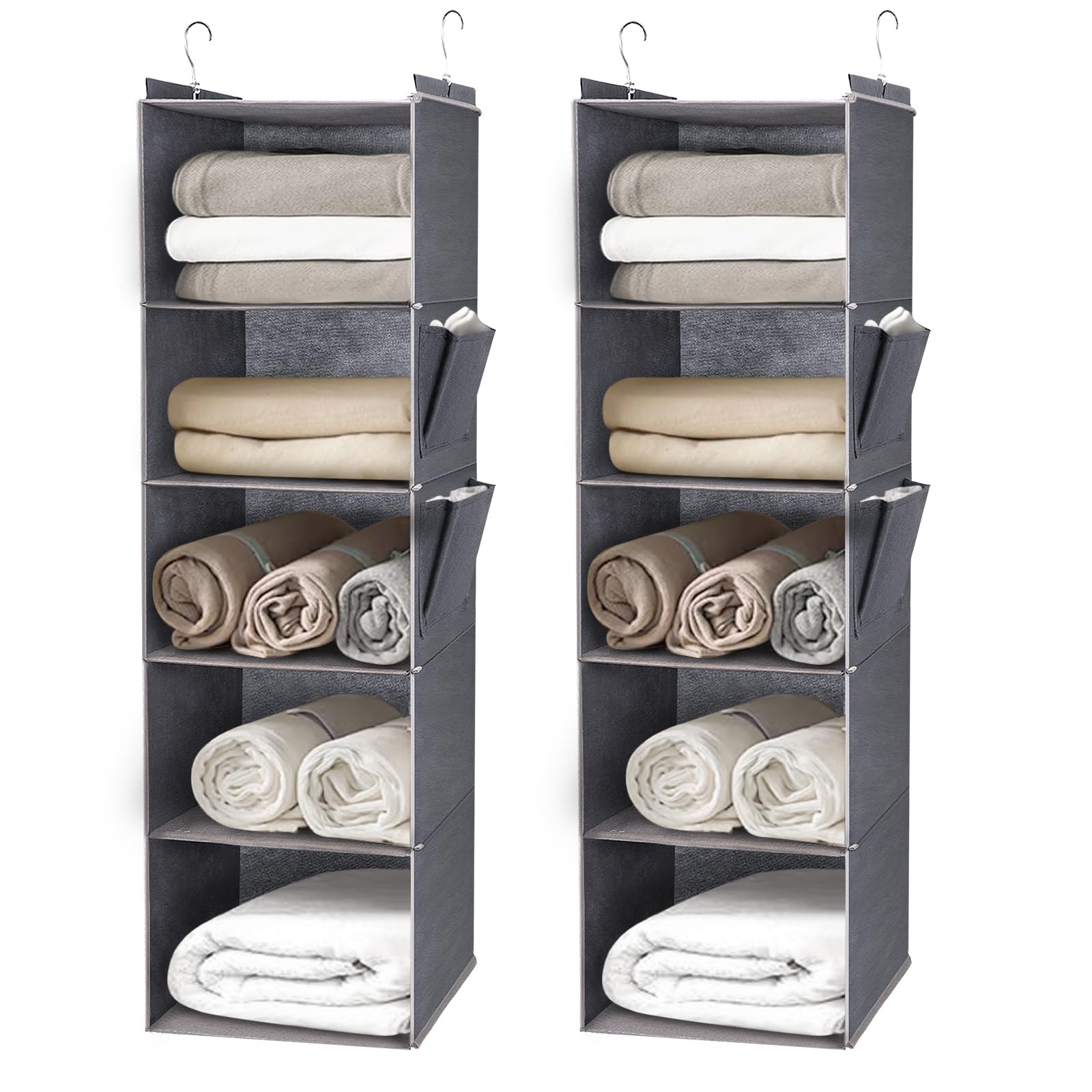 DPWEION Hanging Storage Shelves with 5 Shelves Foldable Hanging Wardrobe Closet Organiser Unit with 2 Side Pockets for Clothes Accessories for Bedroom (Grey, Set of 2)