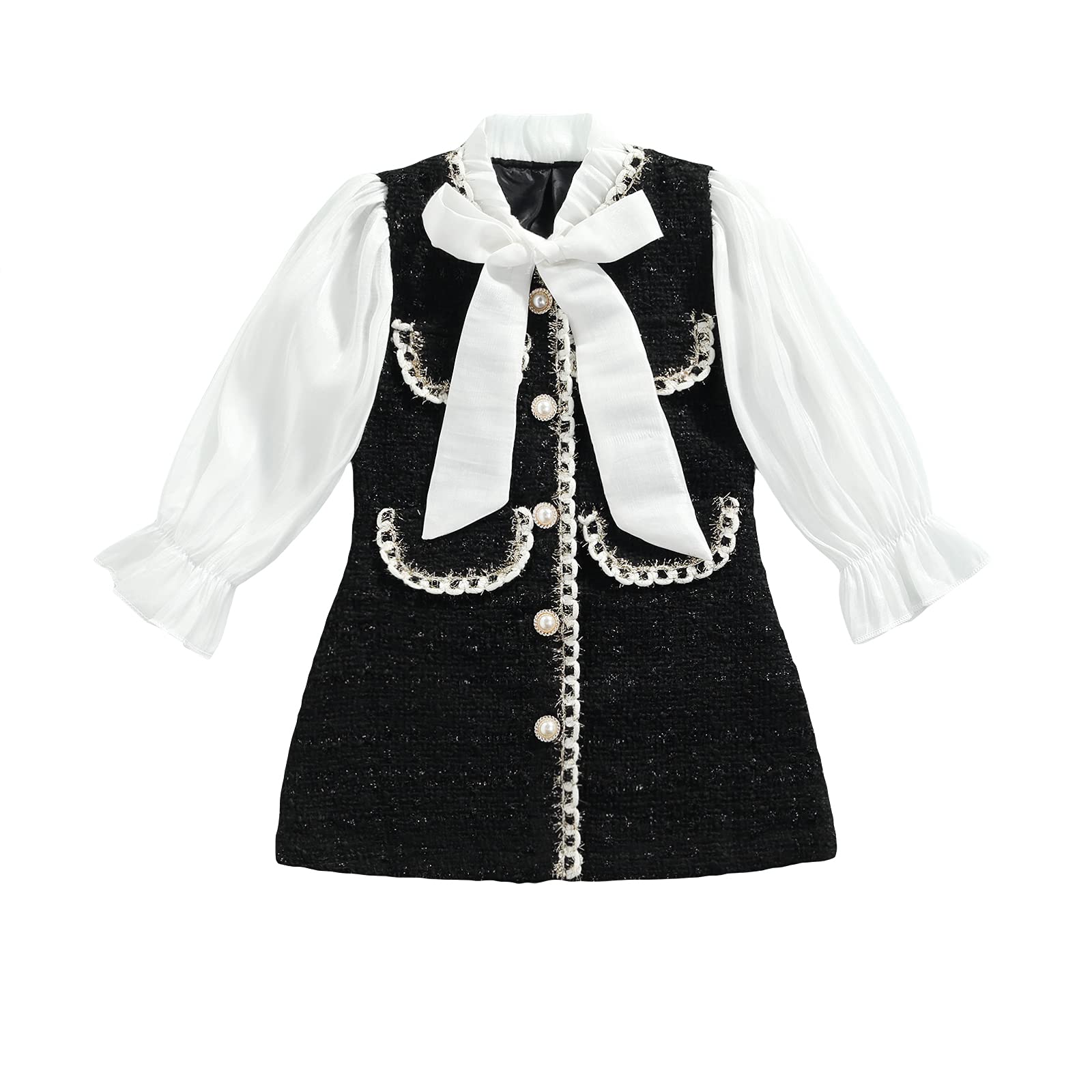 Lamuusaa Toddler Kid Baby Girls Dress Flard Sleeve Pearls Graceful Dress A-Line Dress Bowknot Princess Party Formal Outfits (Black+White, 4-5T)