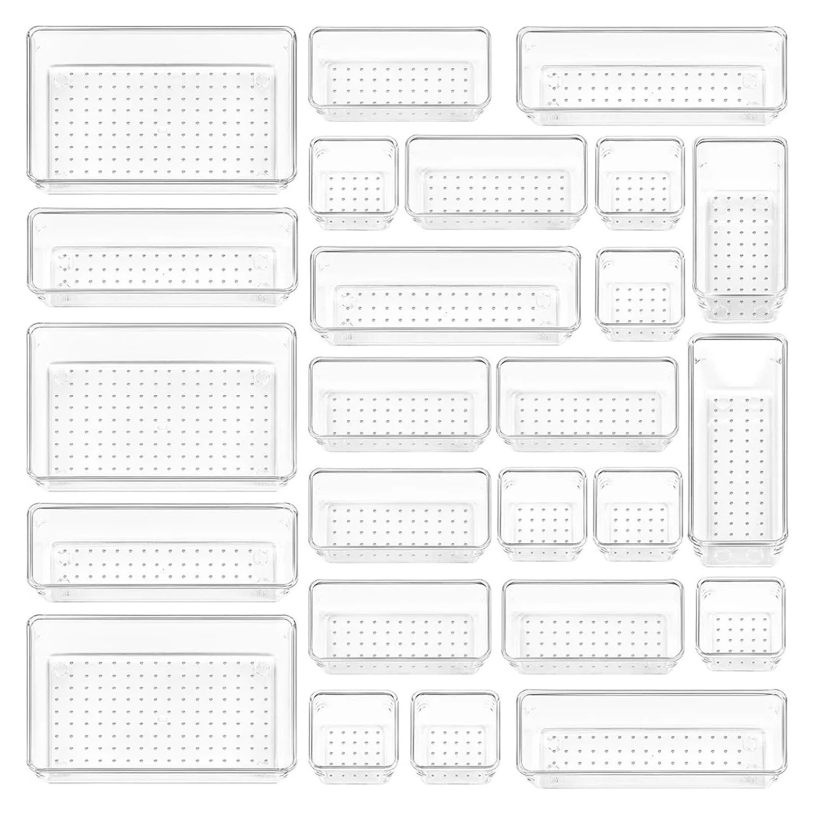 Generico Set da 25 organizzatori for cassetti in plastica trasparente, vassoi versatili for bagno e vanità in 4 dimensioni