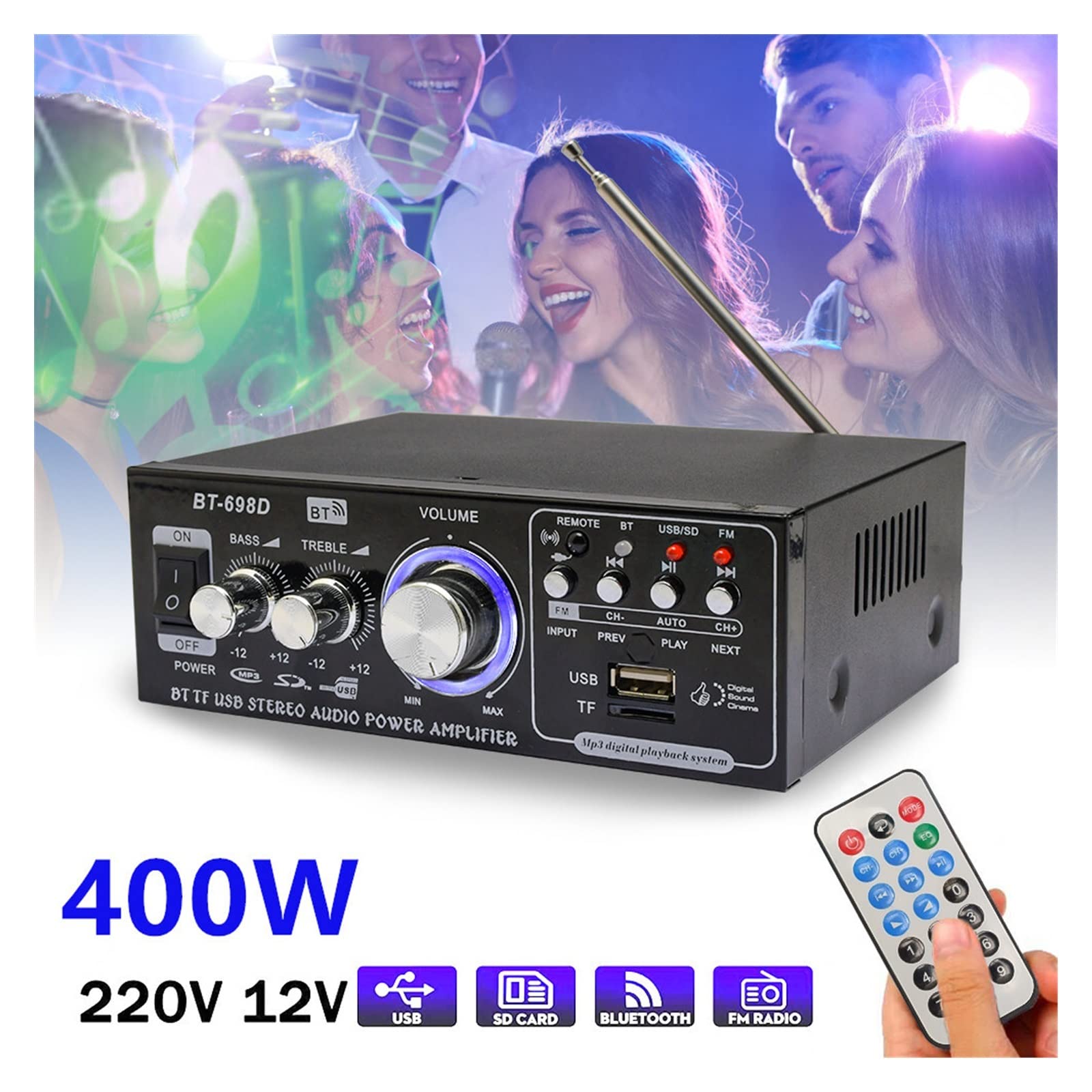 200W + wzmacniacz mocy HIFI wsparcie pilot FM USB SD Treble Bass wzmacniacze kina domowego,Szeroka kompatybilność