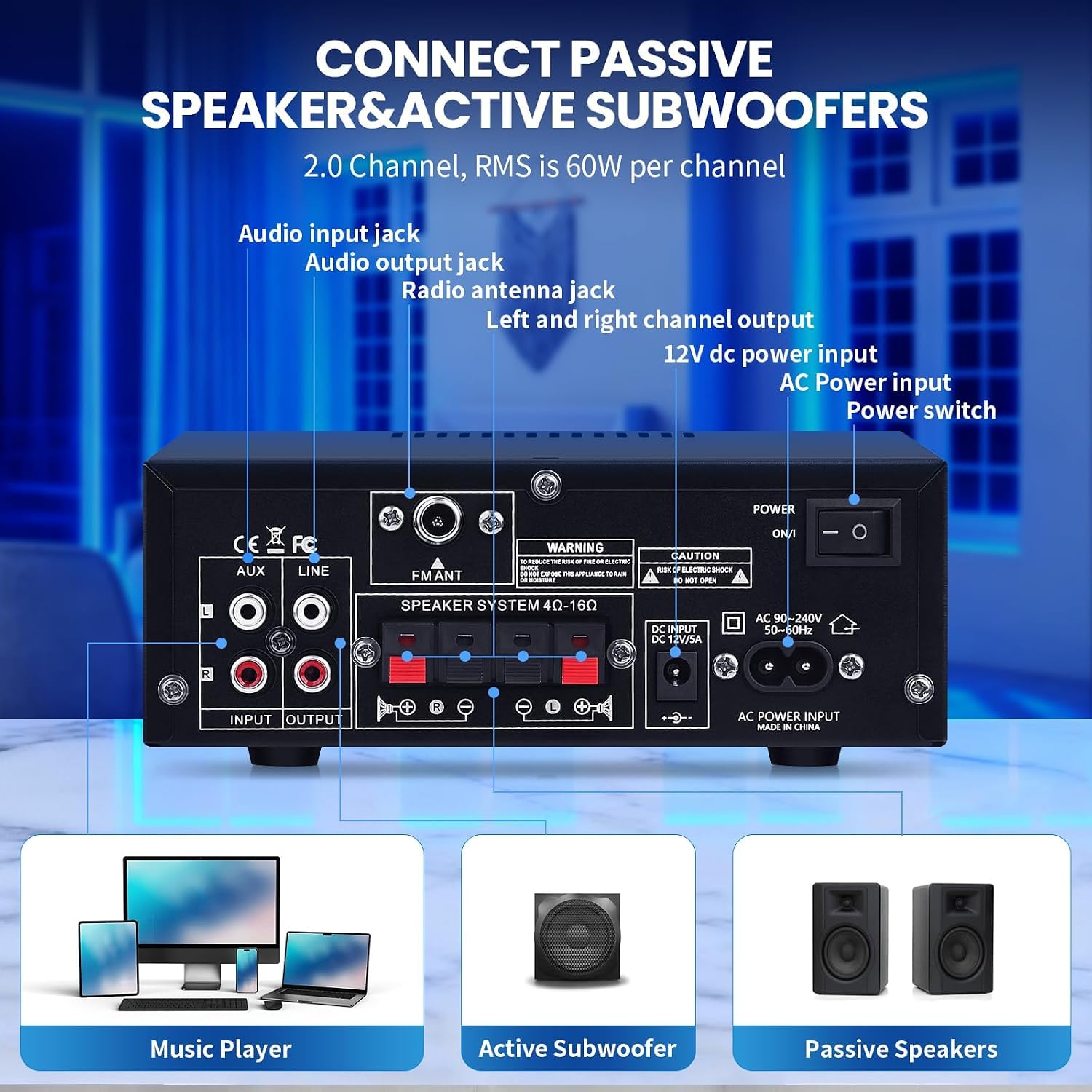 AK50 Amplificateur Hi-Fi avec Bluetooth RMS 60WX2 Amplificateur audio stéréo Récepteur 2.0 Canal Max 400 W Sortie Mini amplificateur de haut-parleur w/FM Radio Echo, Micro, USB, entrée SD pour la