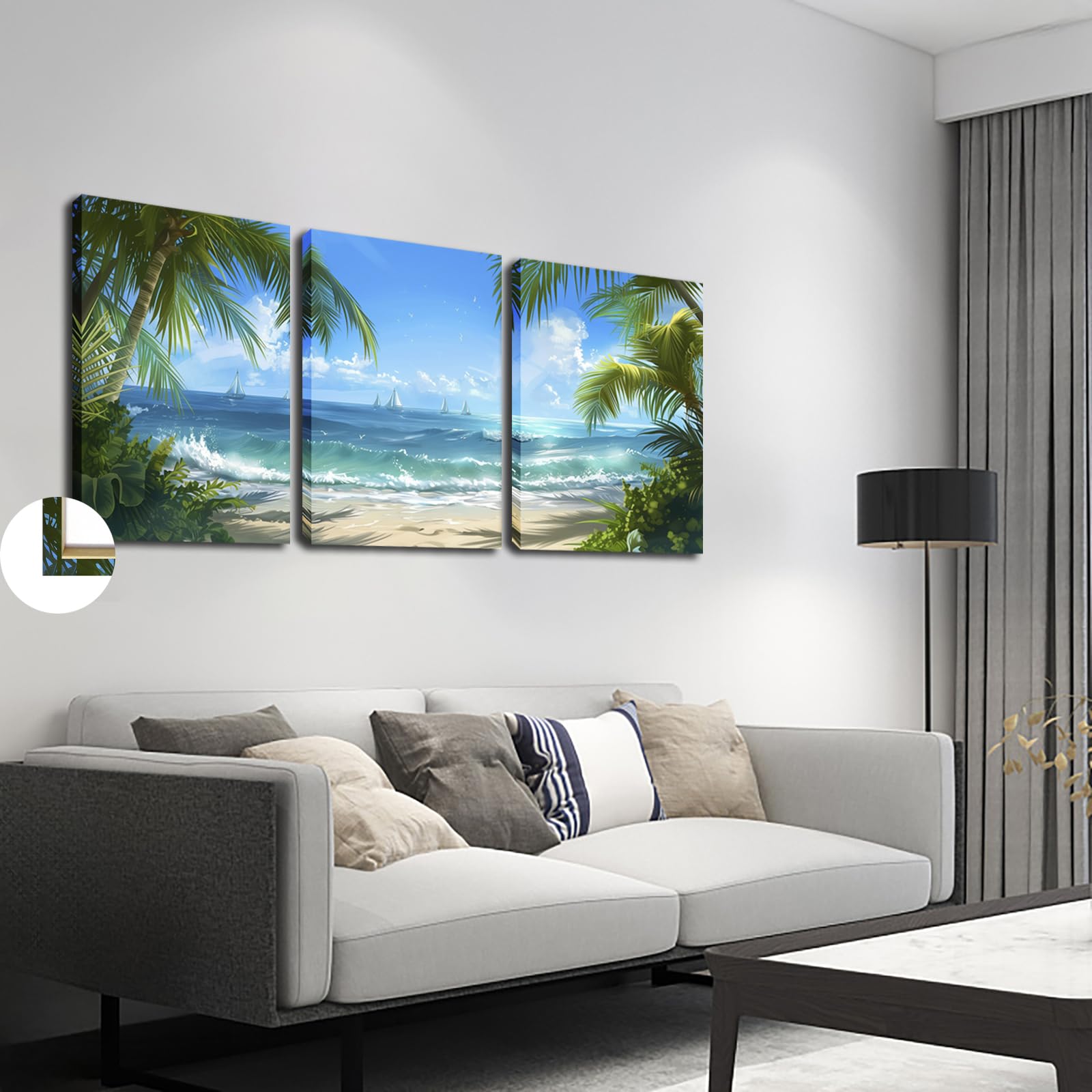 Coastal Wall Art Blue Gray Beach Wall Decor Landscape Abstract Canvas  Painting Modern Ocean Artwork Framed, image size:1600x1600